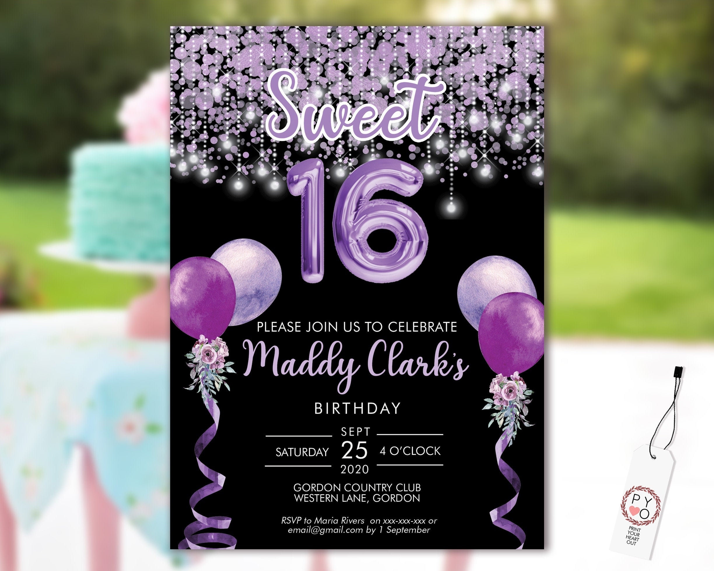 Sweet 16 Party Invitation Printable Template Black Editable Invitation 16th Birthday Purple Balloon Invite 16 Lavender Editable Invite