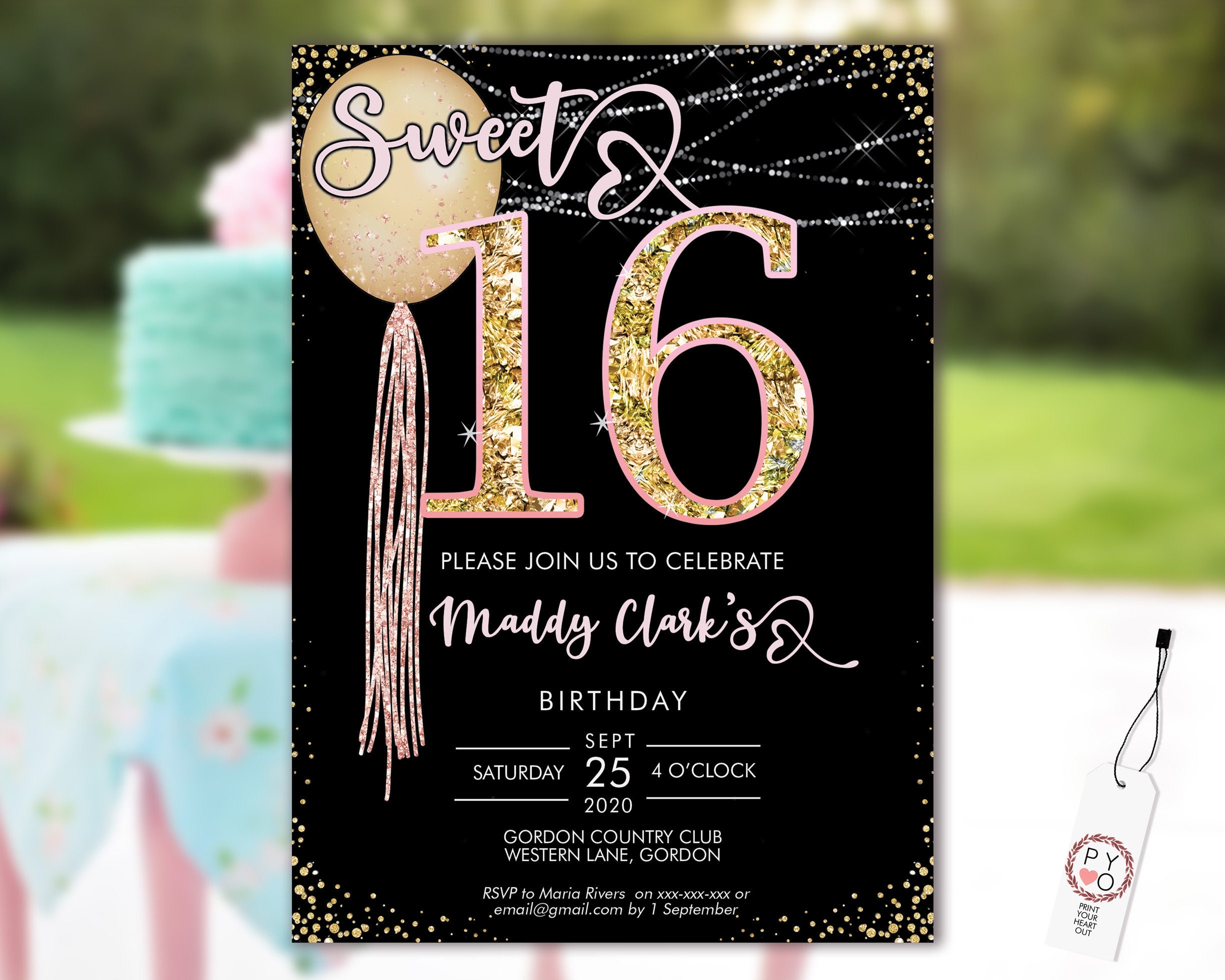 Sweet 16 Party Invitation Printable Template Black Editable 