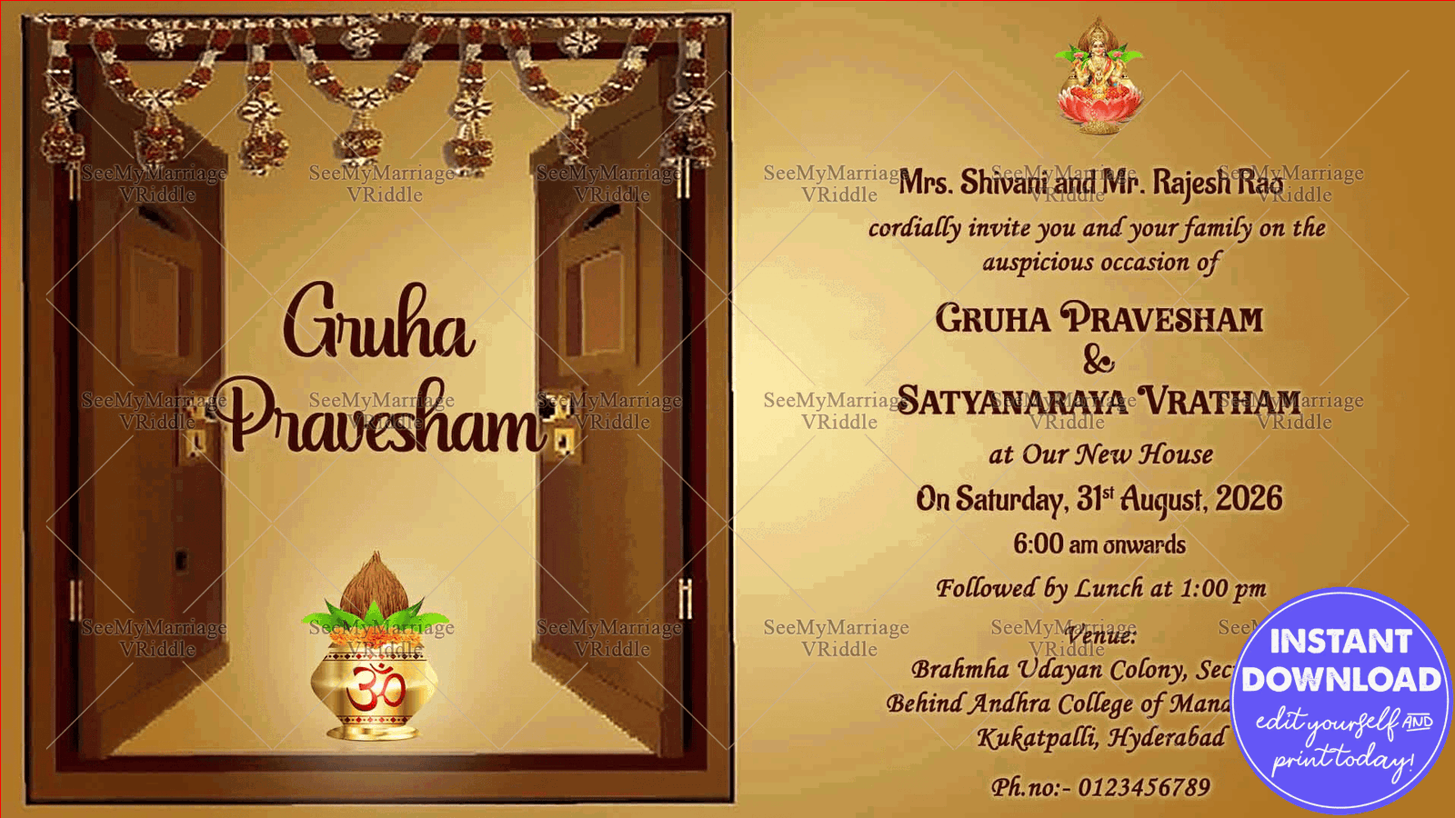 Telugu Housewarming Card Traditional South Indian Gruhapravesam Invitation Template SeeMyMarriage