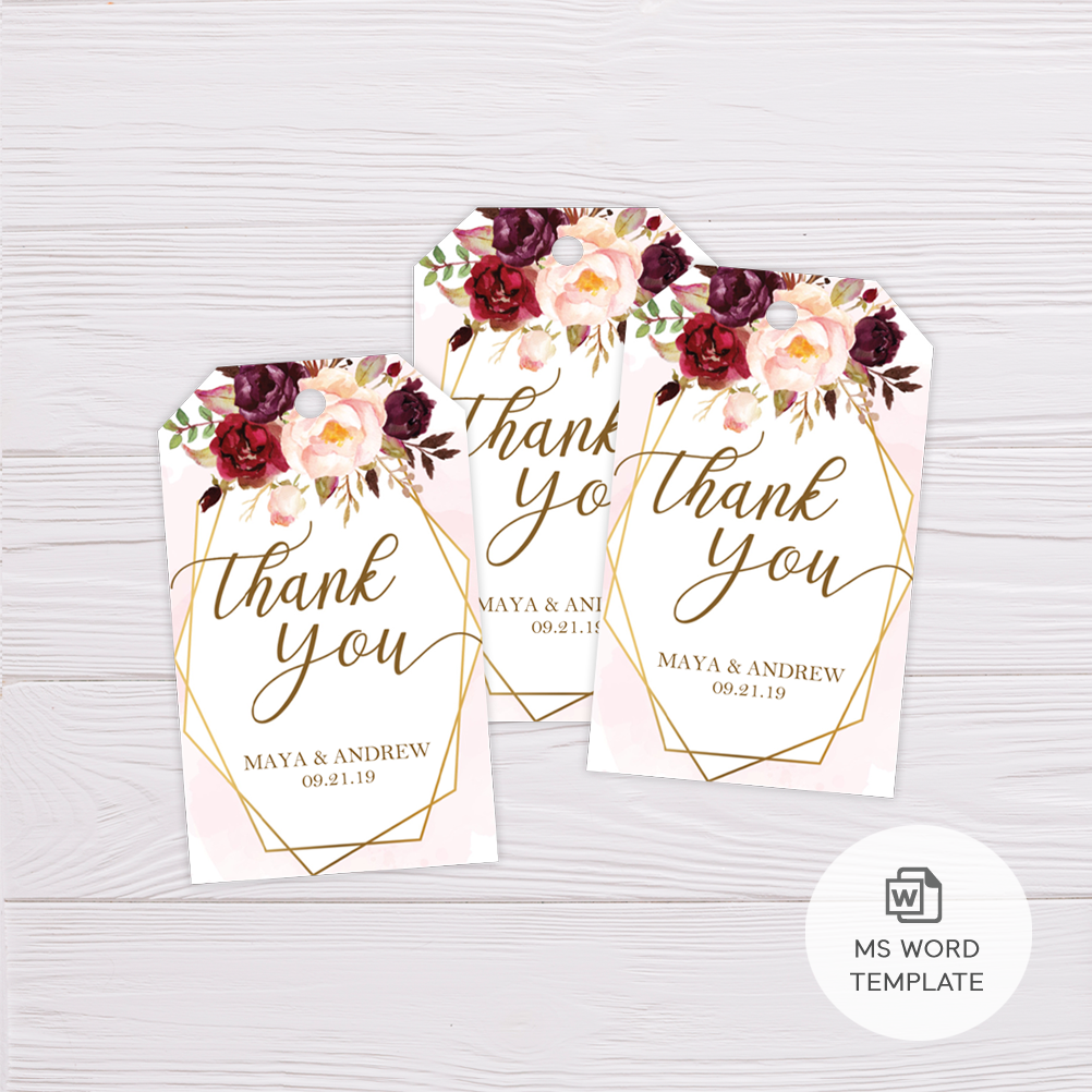 Thank You Tag Template Red Maroon Burgundy Marsala Flowers U0026 Gold Frame Dgtally