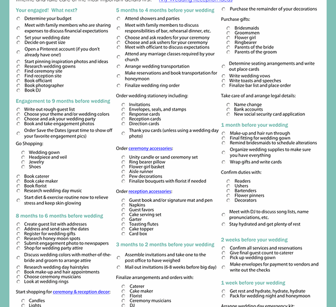 The Wedding Checklist Is Shown In Green And White With Blue Lettering