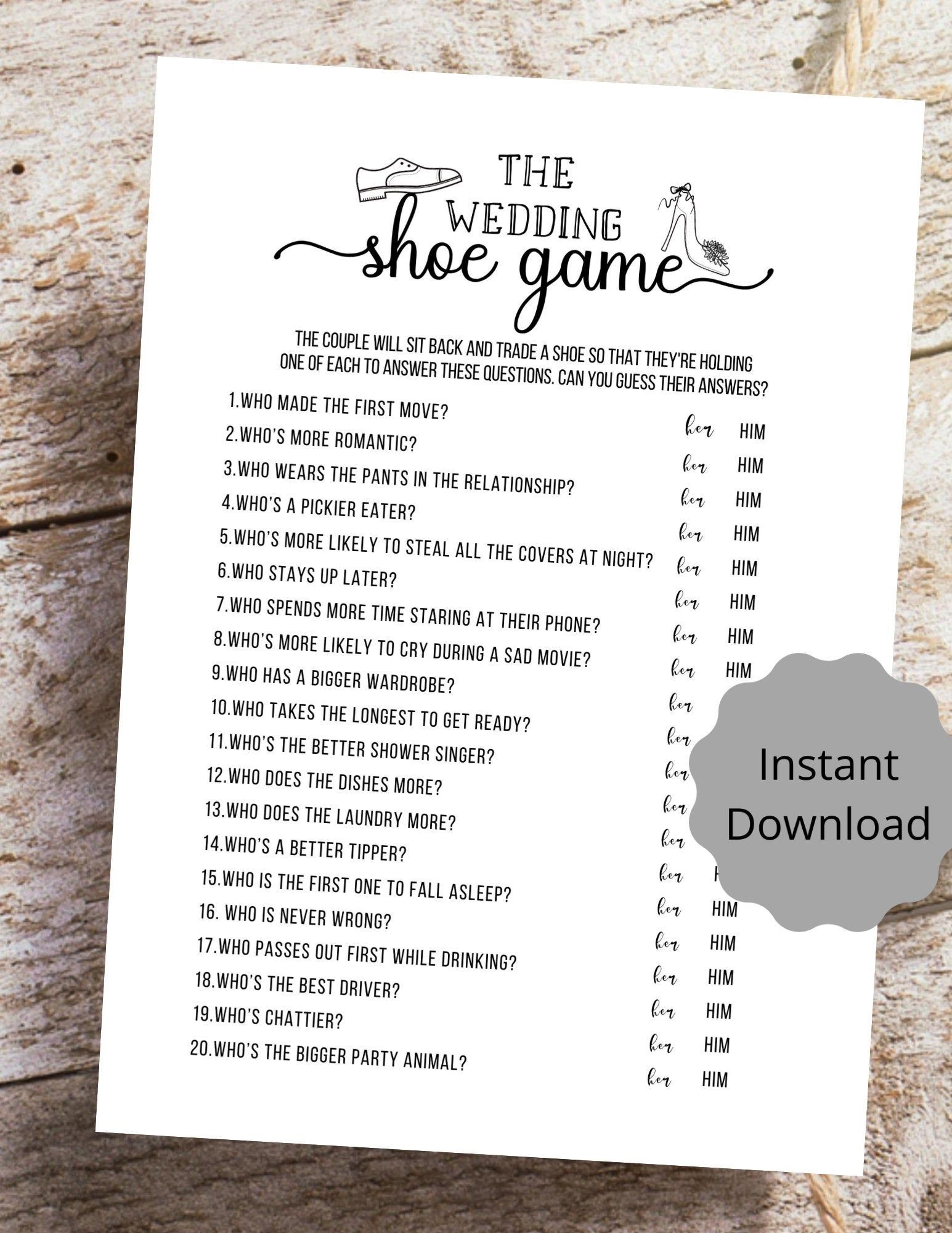 The Wedding Shoe Game Bridal Shower Game Printable PDF Bride Etsy 