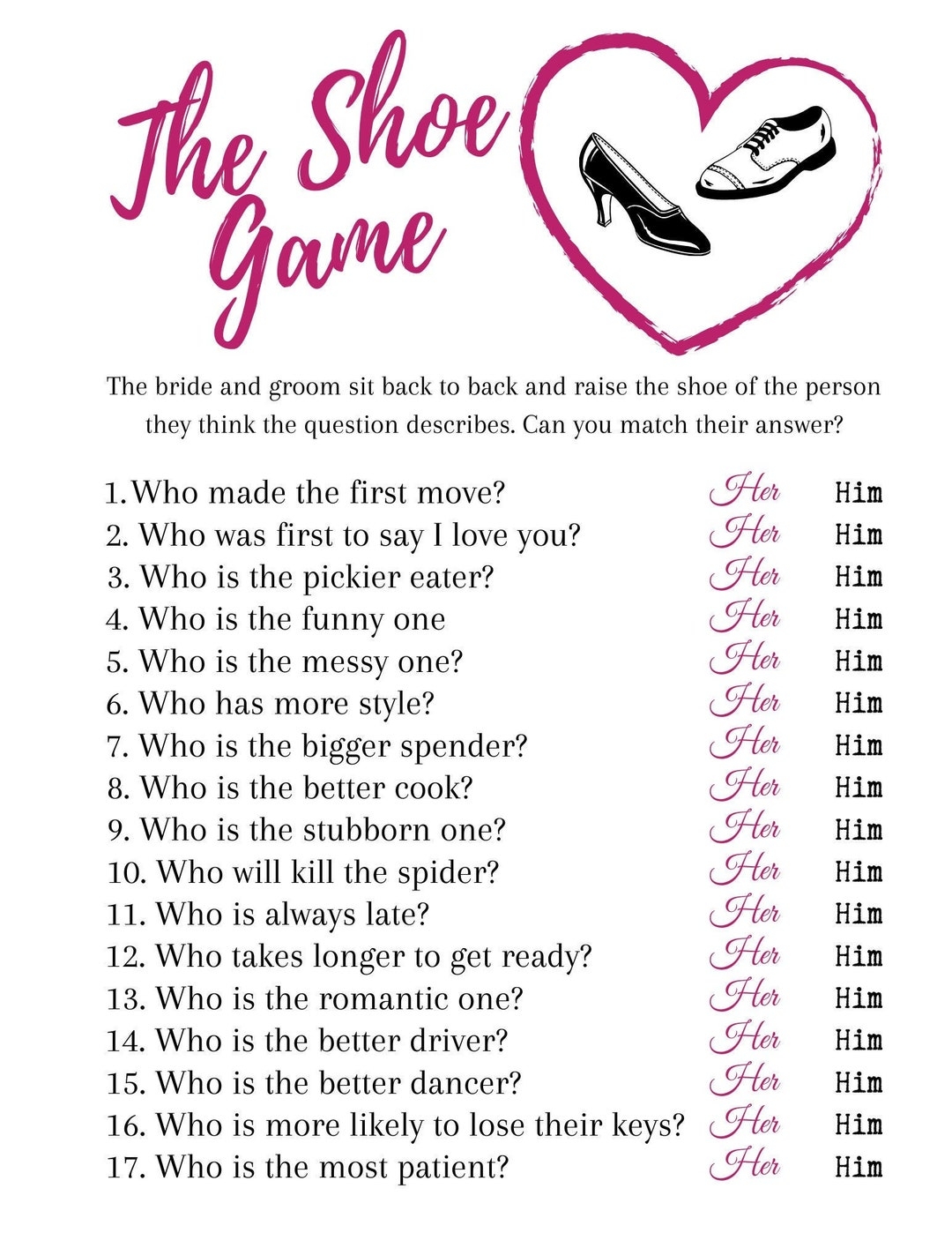 The Wedding Shoe Game Printable Bridal Shower Game Instant Download Etsy