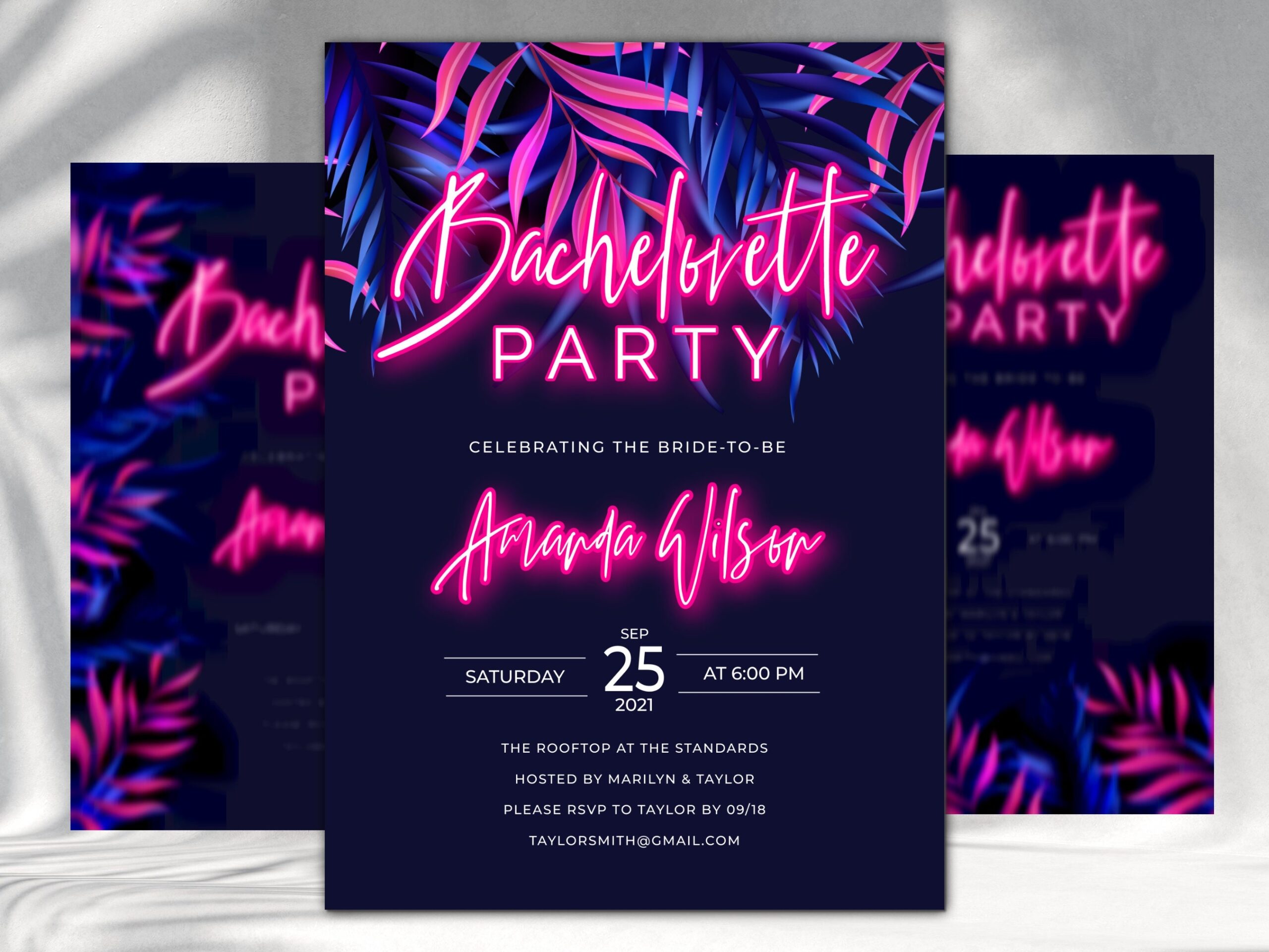 Tropical Neon Bachelorette Party Invitation Tropical Neon Leaves 