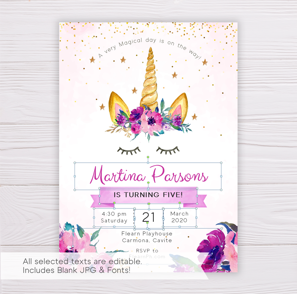 Unicorn Invitation Template With Purple Flowers Dgtally