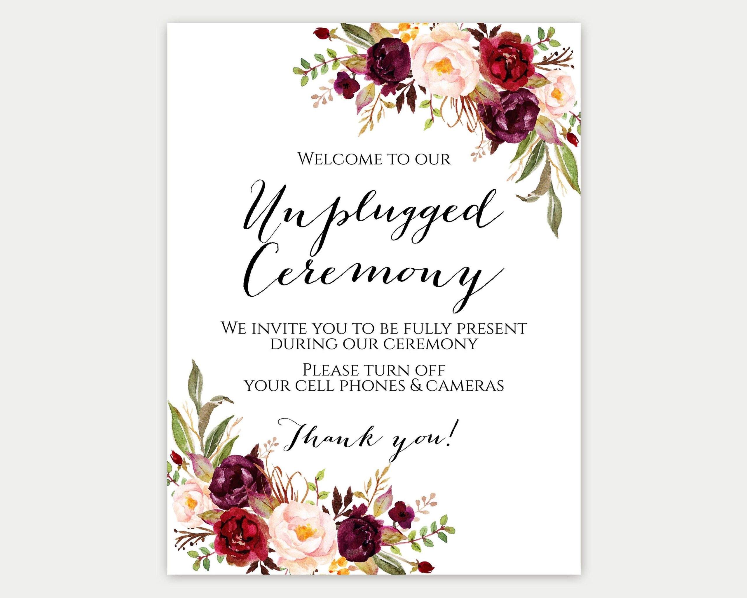 Unplugged Ceremony Sign Unplugged Wedding Sign Unplugged Sign Marsala Sign No Cameras Sign No Cell Phone Sign Printable Wedding Sign Etsy