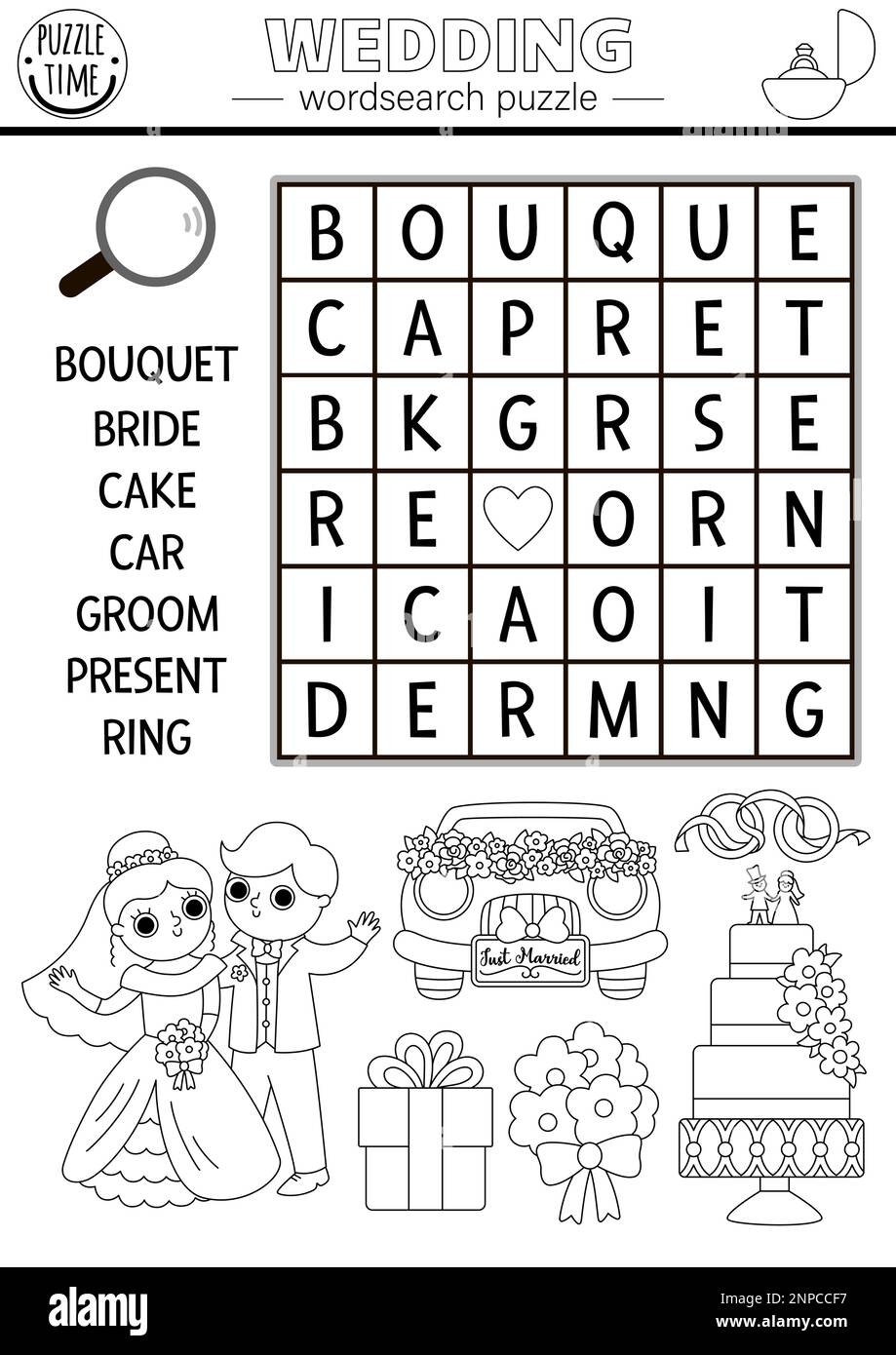 Vector Black And White Wedding Wordsearch Puzzle For Kids Simple 