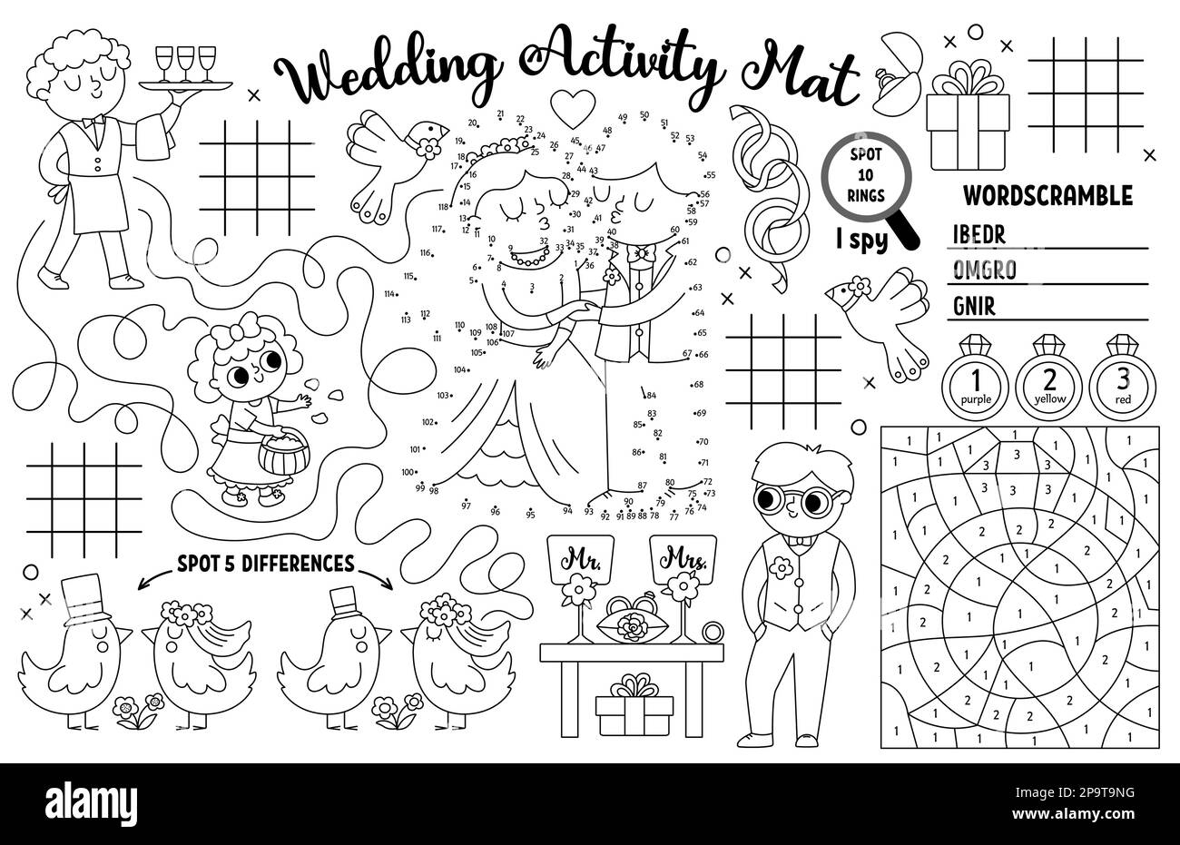 Vector Wedding Placemat For Kids Marriage Ceremony Printable Activity Mat With Maze Tic Tac Toe Charts Connect The Dot Find Difference Bridal Sho Stock Vector Image U0026 Art Alamy