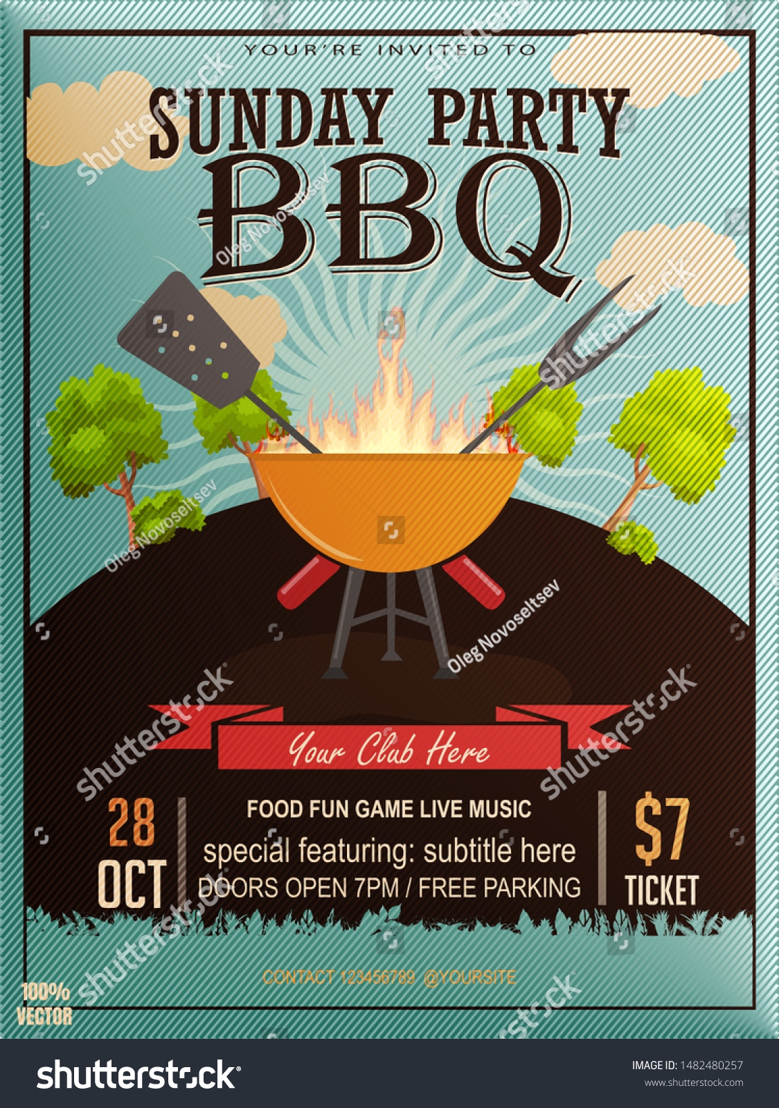 Vektor Stok Bbq Party Invitation Template On Blue Tanpa Royalti 1482480257 Shutterstock