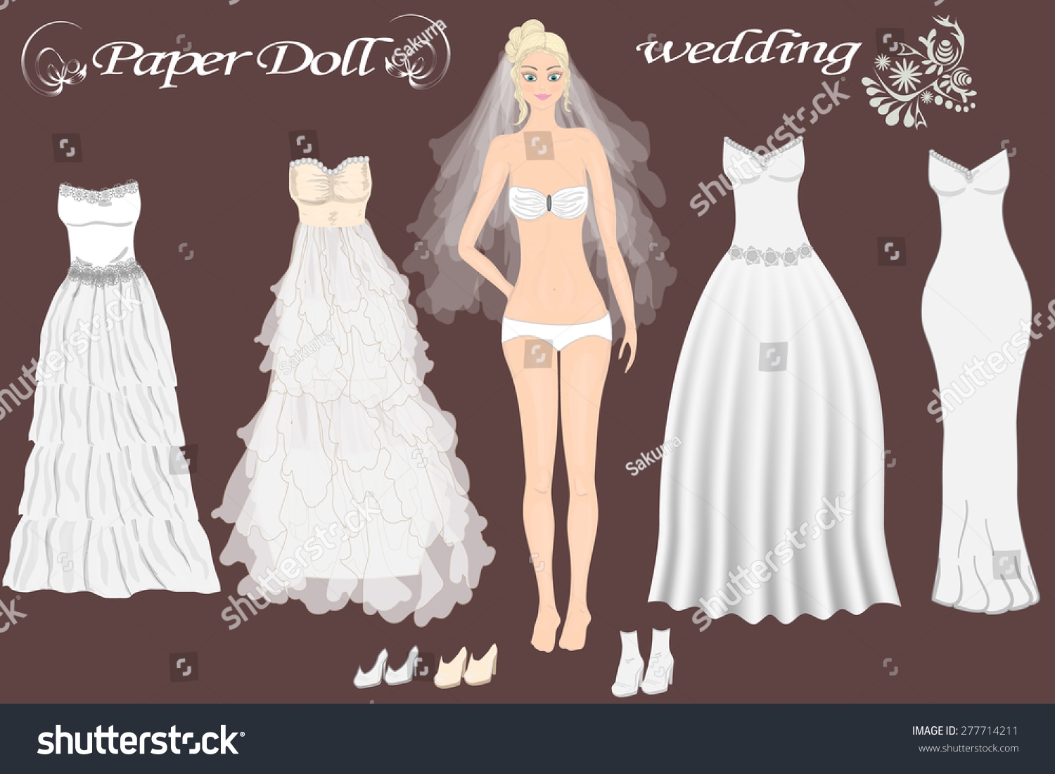 Vektor Stok Paper Doll Beautiful Girl Wedding Dresses Tanpa Royalti 277714211 Shutterstock