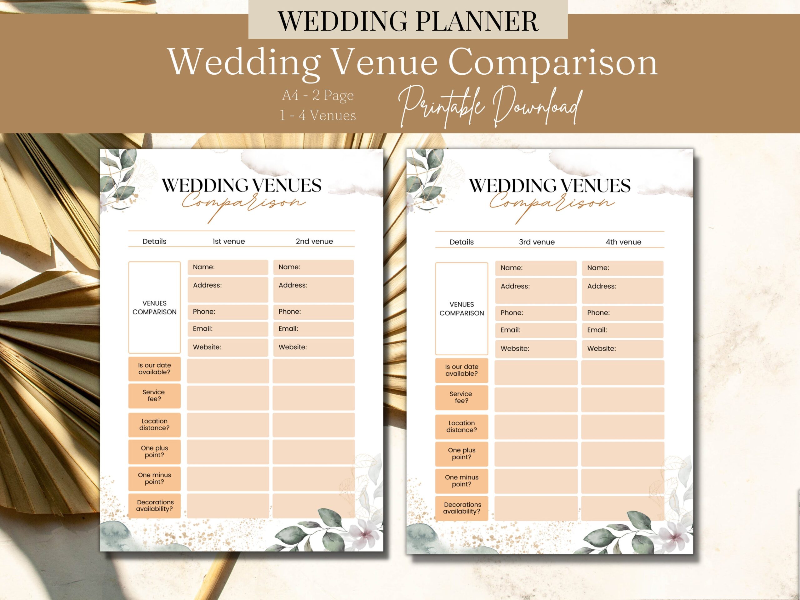 Venue Comparison Planner Instant Download Budget Planner Detailed Checklist To Do List Printable Planner For Ceremony And Reception Venue