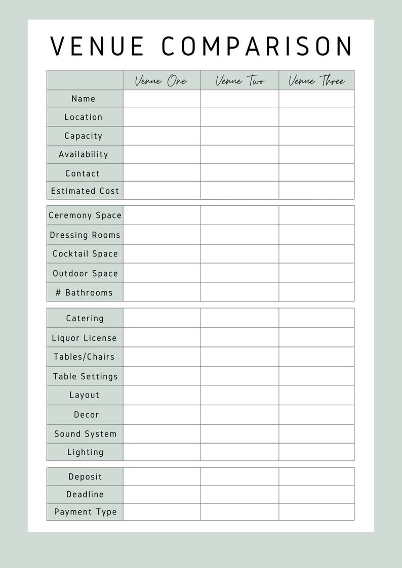 Venue Comparison Worksheet