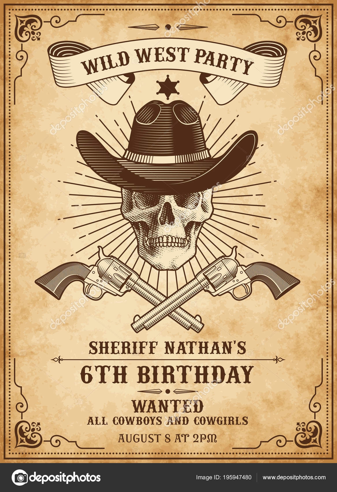 Vintage Looking Invite Template Party Event Wild West Cowboy Death Vektor Stok Oleh pingebat 195947480