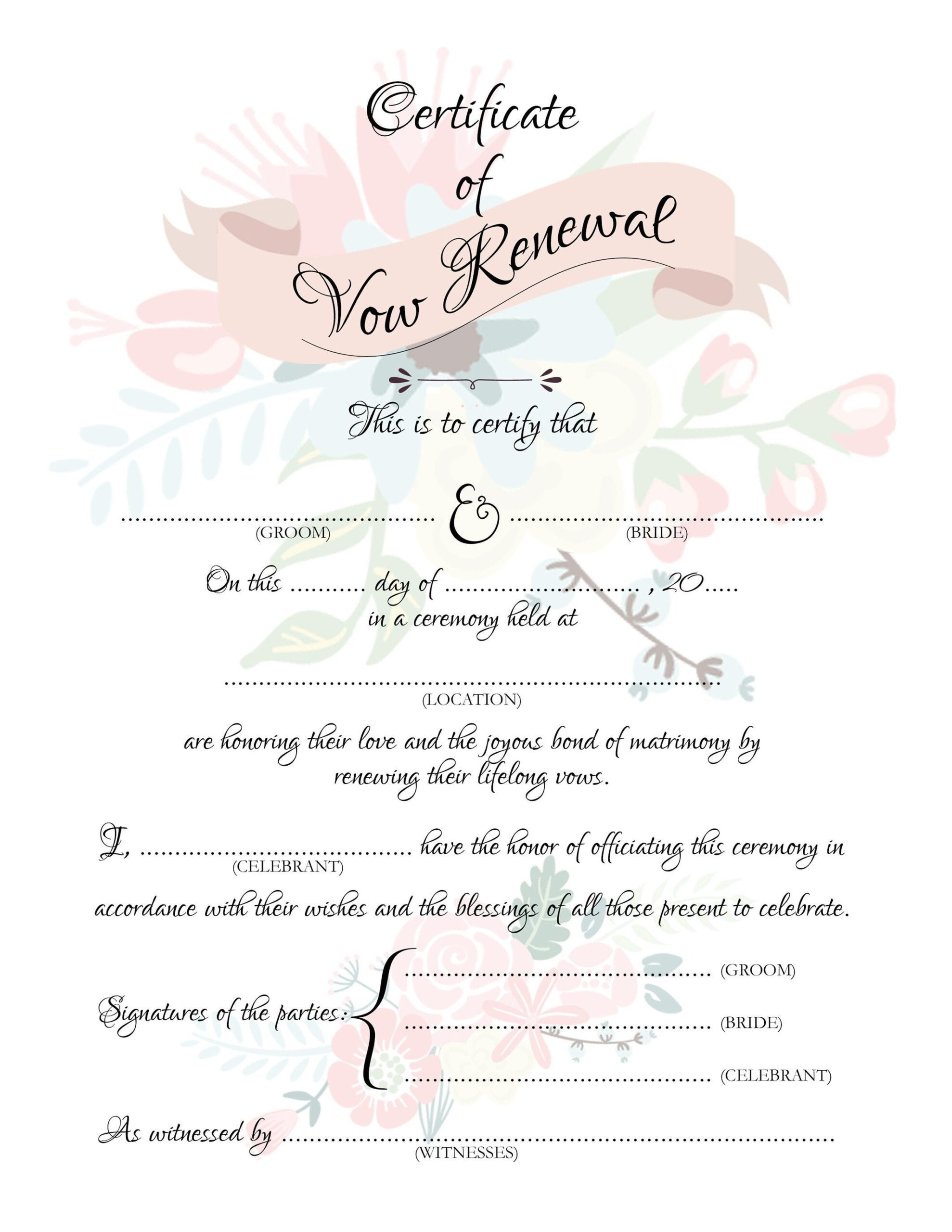 VOW RENEWAL Certificate Stylish Wedding Certificate A4 U0026 US Letter Size Printable Floral Blank Keepsake Marriage Certificate Etsy