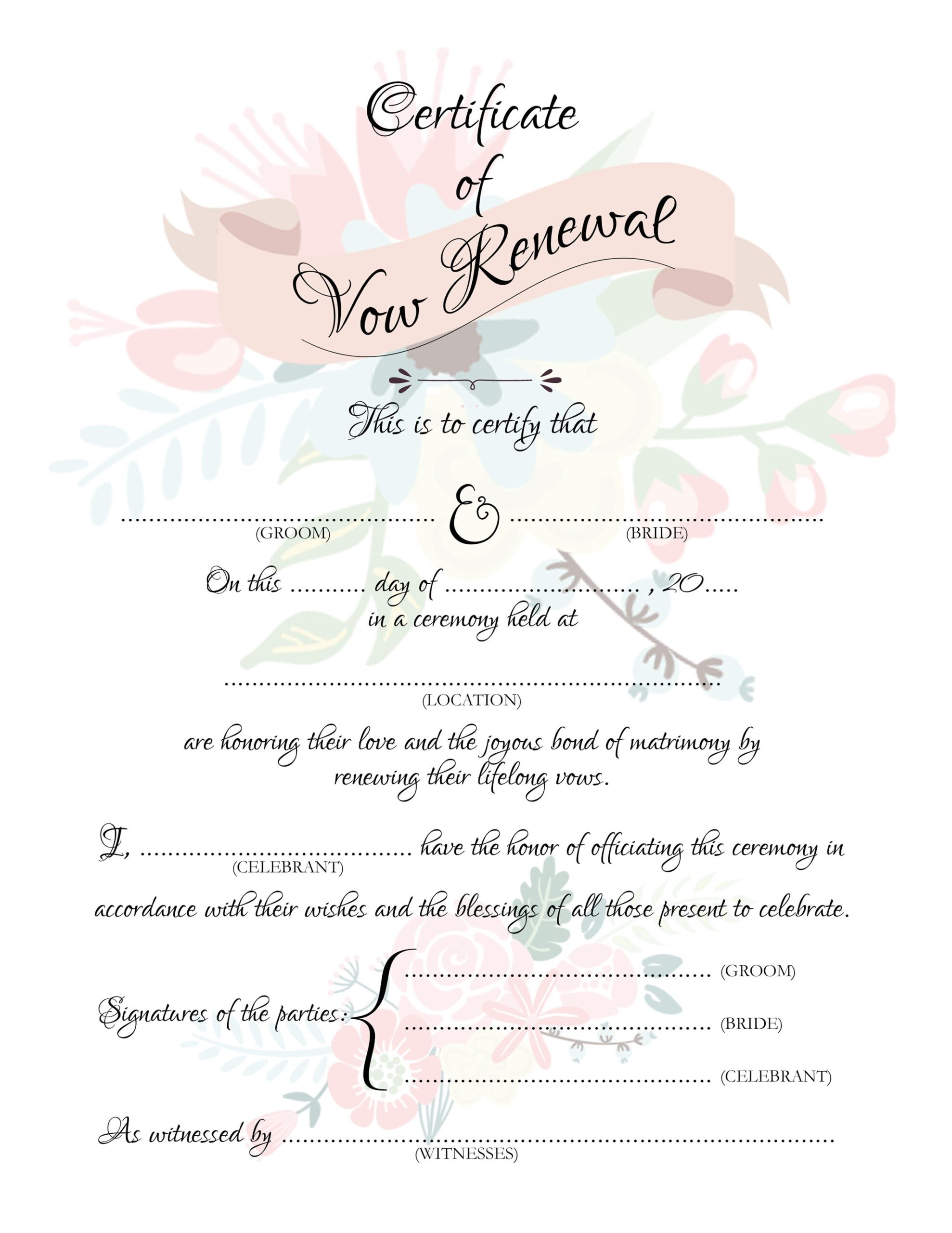 VOW RENEWAL Certificate Stylish Wedding Certificate A4 U0026 US Letter Size Printable Floral Blank Keepsake Marriage Certificate
