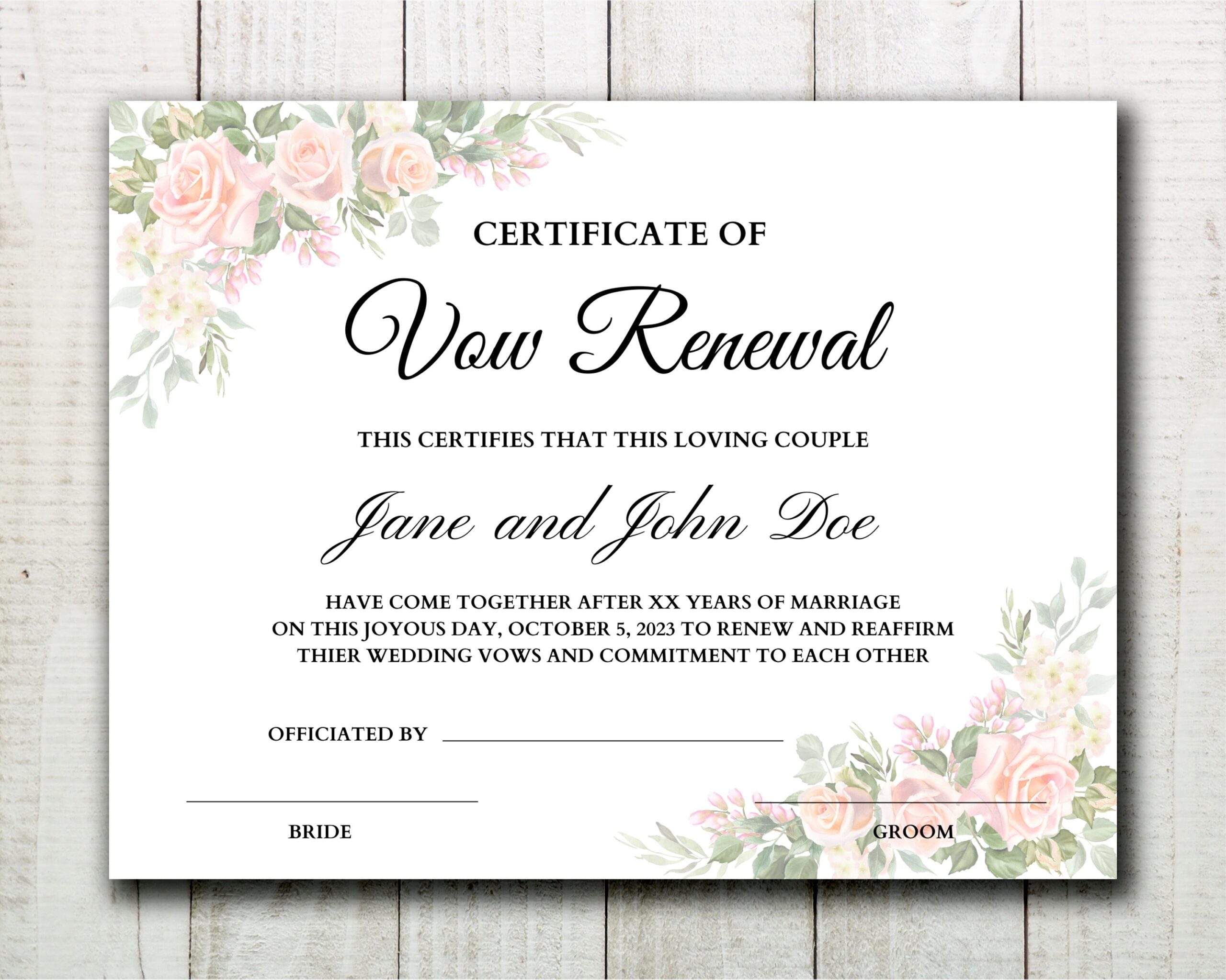 Vow Renewal Editable Printable Wedding Certificate Elegant 44 OFF