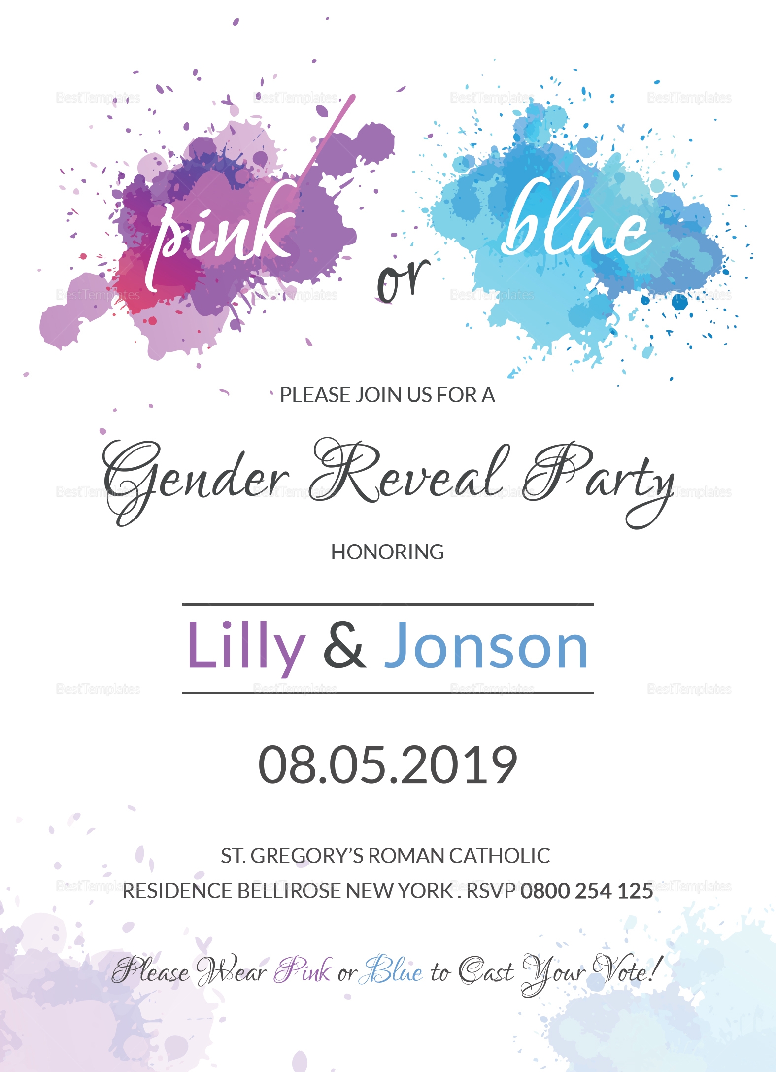 Watercolor Gender Reveal Invitation Party Design Template In Word PSD Publisher