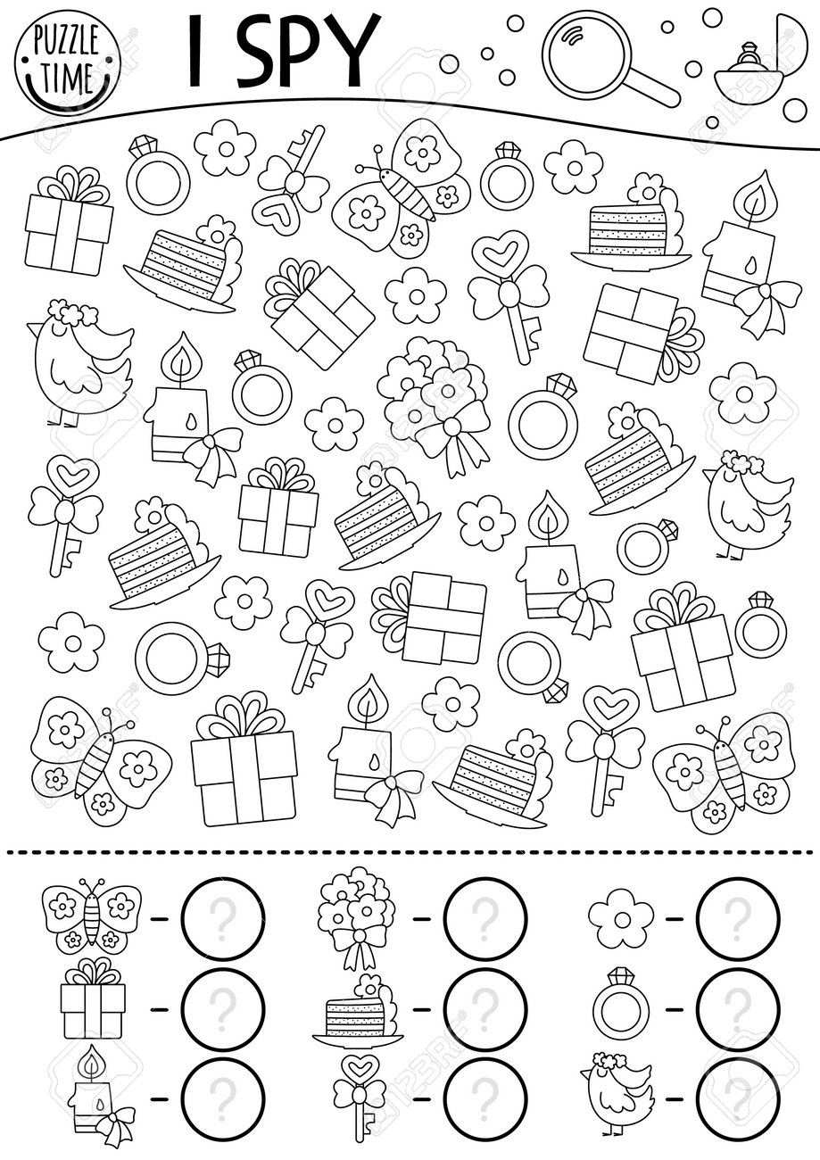 Wedding Black And White I Spy Game For Kids Searching And Counting Activity With Symbols Marriage Ceremony Printable Worksheet Or Coloring Page Simple Spotting Puzzle With Bride Groom Royalty Free SVG Cliparts 