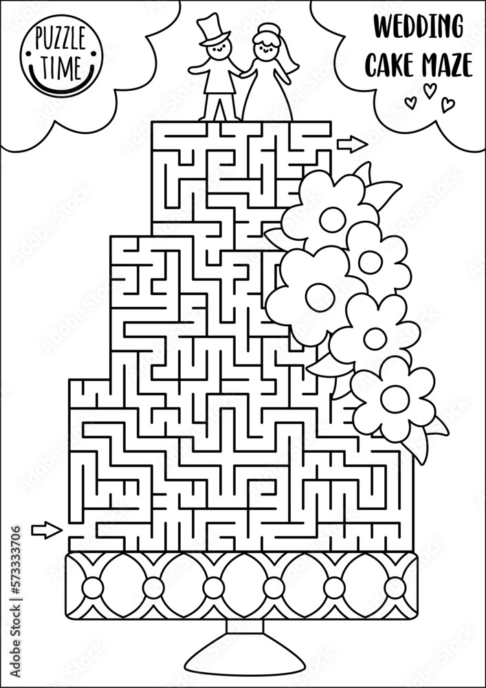Wedding Black And White Maze For Kids With Big Cake Bride And 