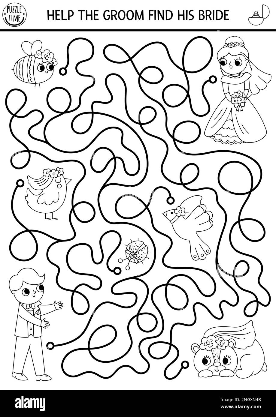 Wedding Black And White Maze For Kids With Just Married Couple Bride 