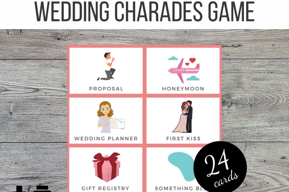 Wedding Bridal Shower Printable Charades Or Pictionary Cards Game 24 Colourful Image Cards