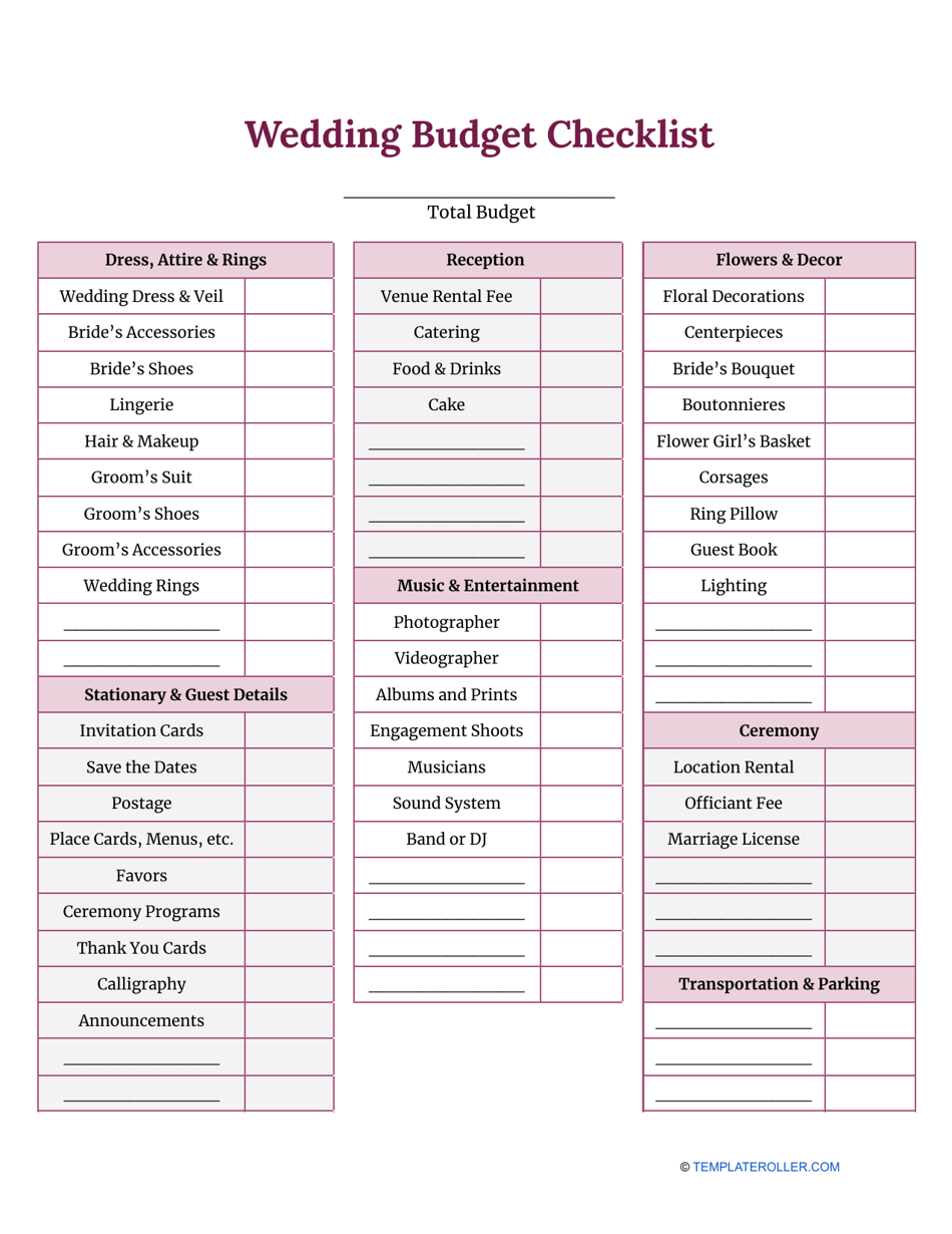 Wedding Budget Checklist Template Download Printable PDF Templateroller