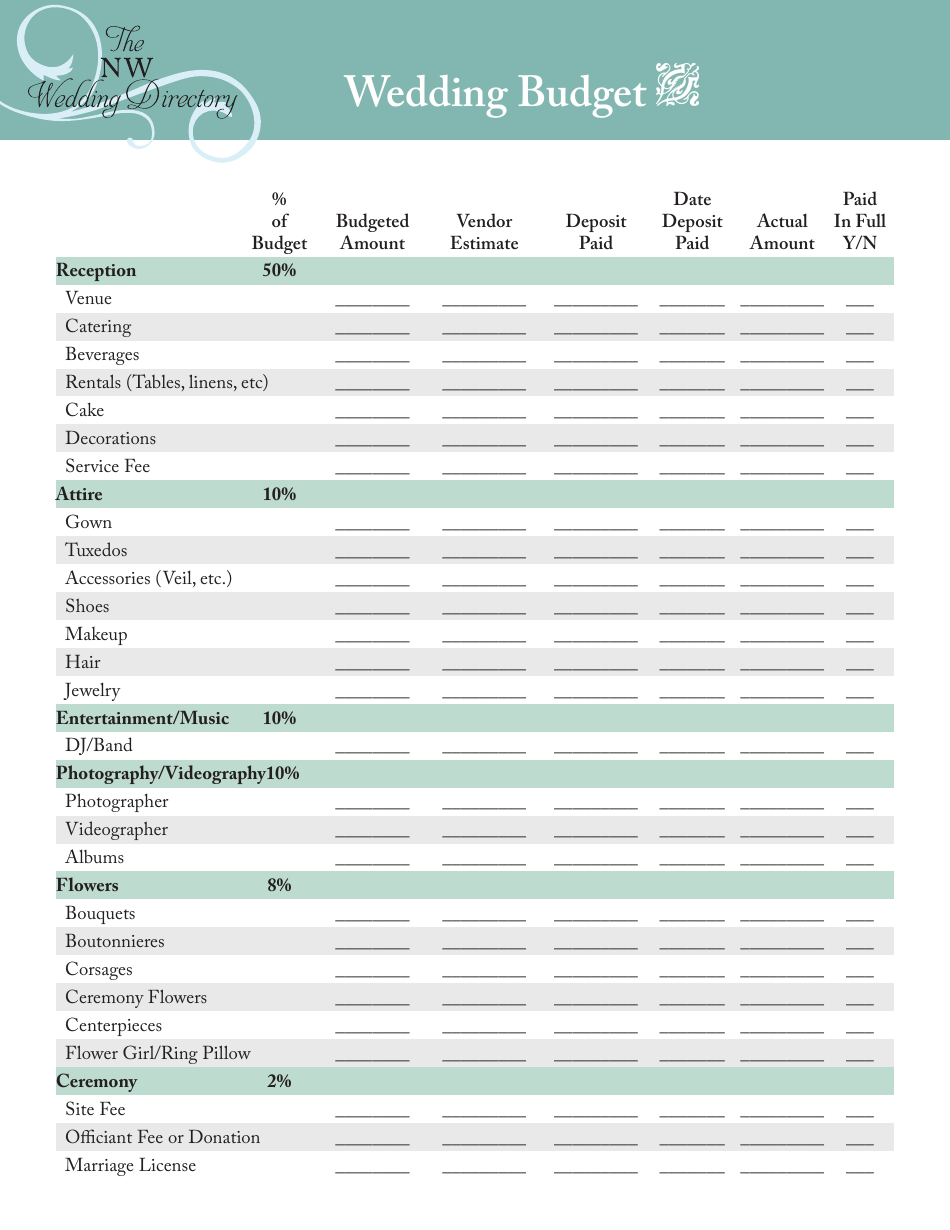 Wedding Budget Spreadsheet Template The Nw Wedding Directory Download Printable PDF Templateroller
