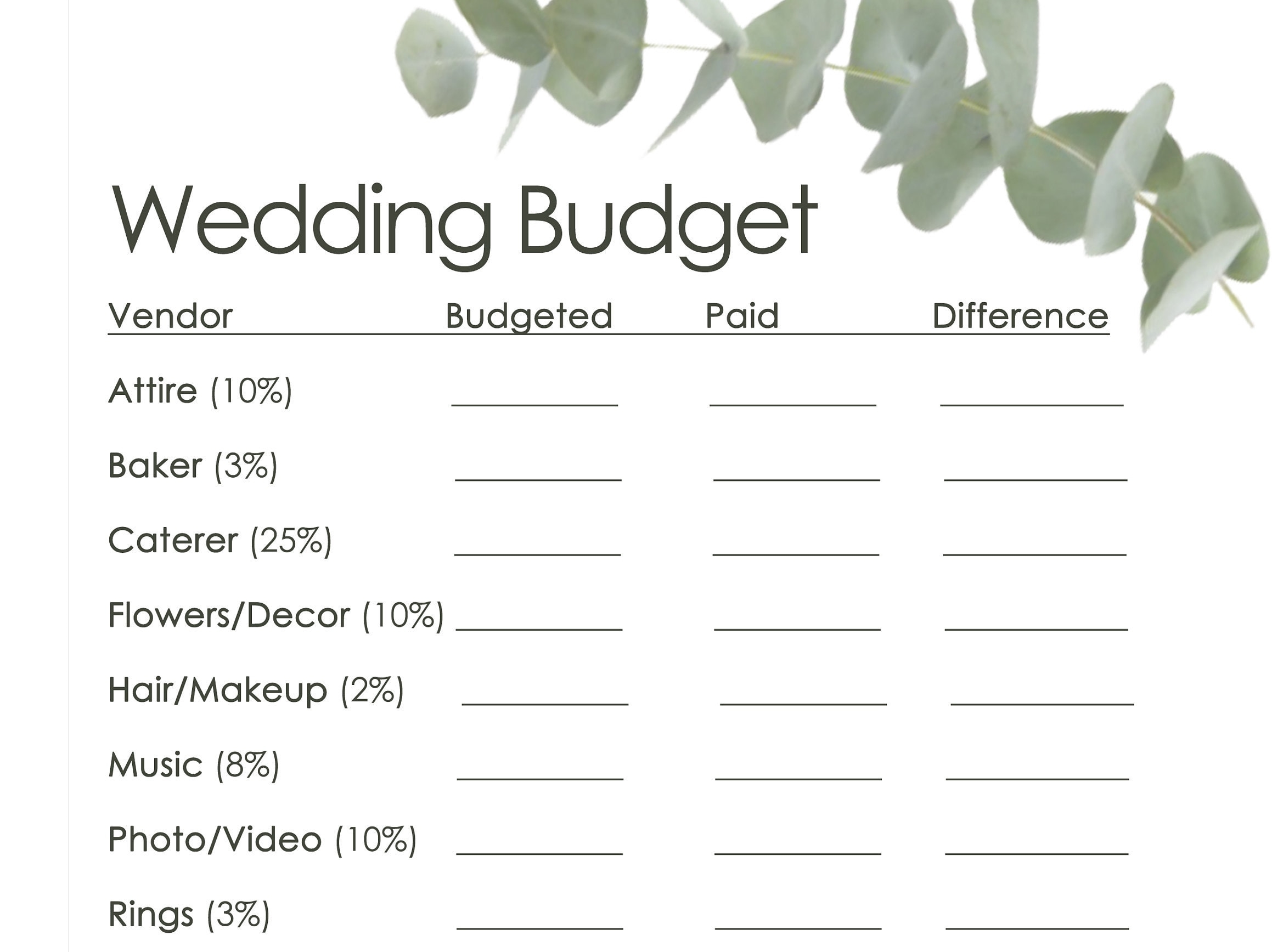 Wedding Budget Wedding Vendors Vendor Contact Worksheet Checklist Printable Wedding Planner Planner Eucalyptus Etsy