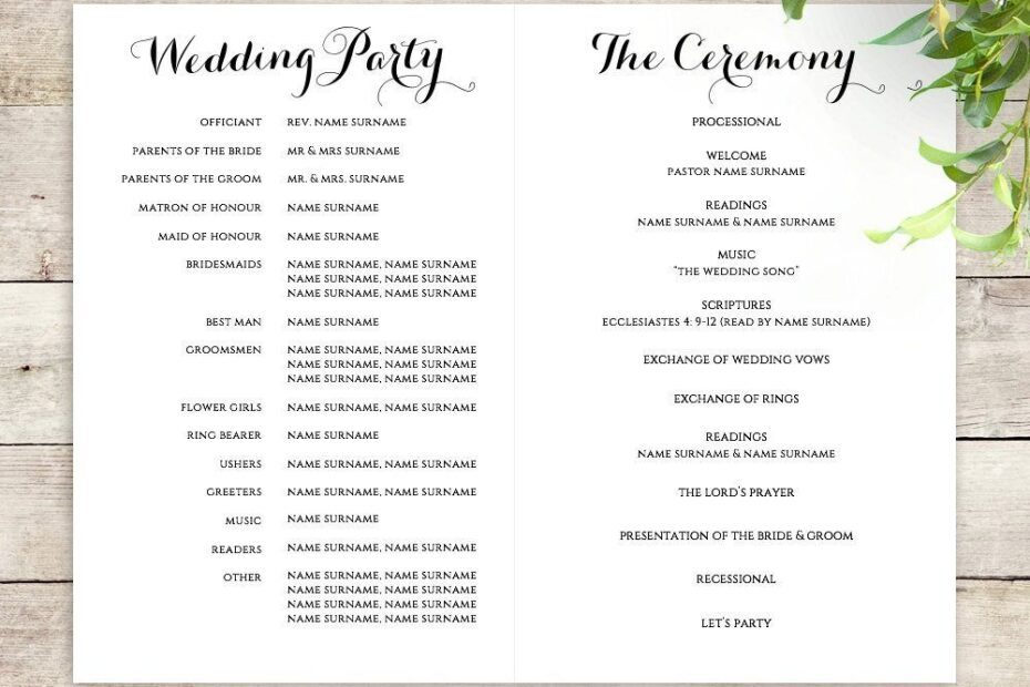 Wedding Ceremony Order Of Service Template