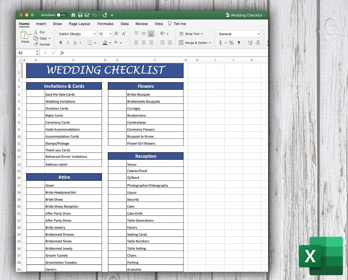 Wedding Checklist Excel Template Wedding List Printable Wedding 