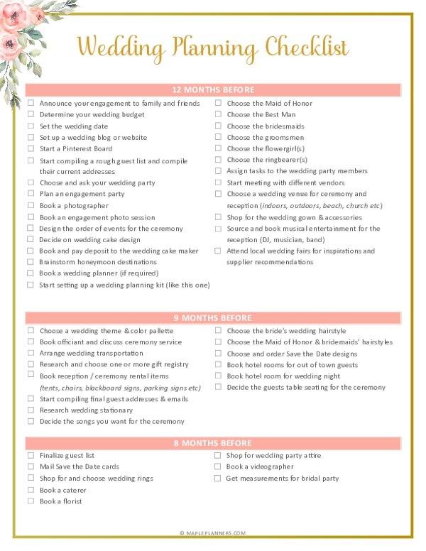 Wedding Checklist Free Printable Pdf
