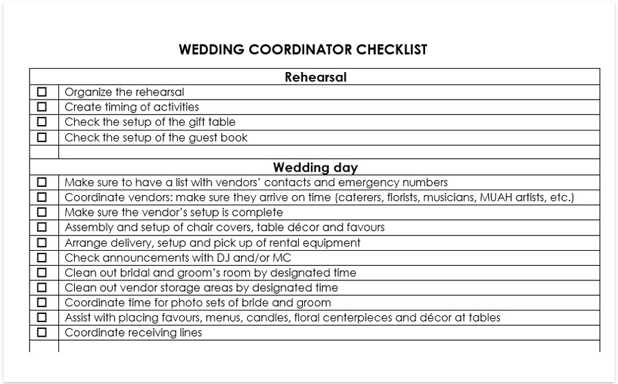 Wedding Coordinator Checklist Download Free Pdf And Word