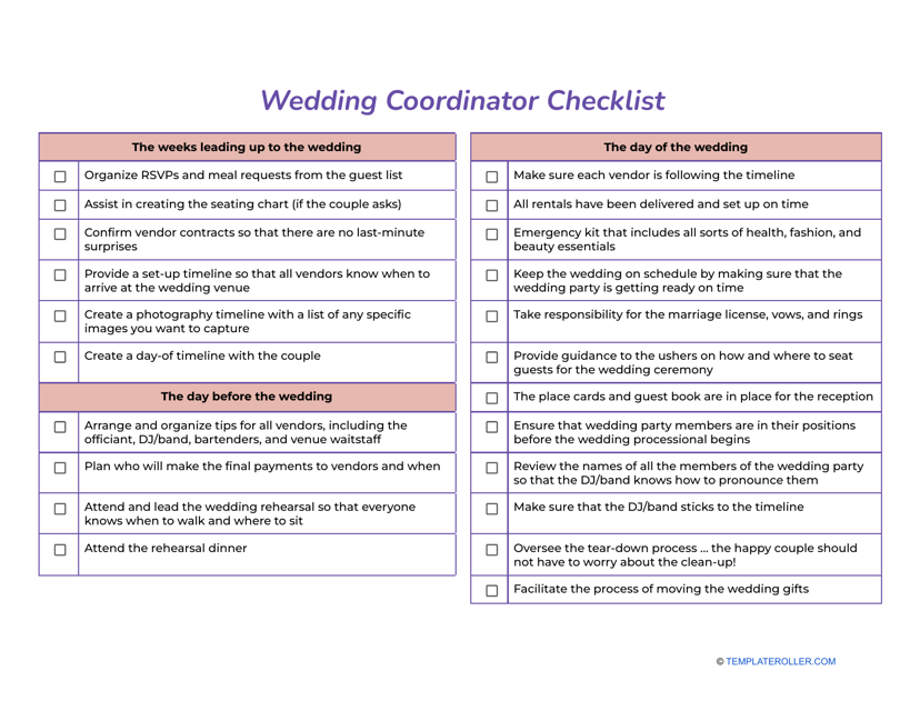 Wedding Coordinator Checklist Template Download Printable PDF 