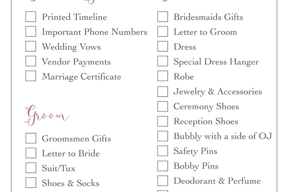 Wedding Day Checklist Printable Free Printable Wedding