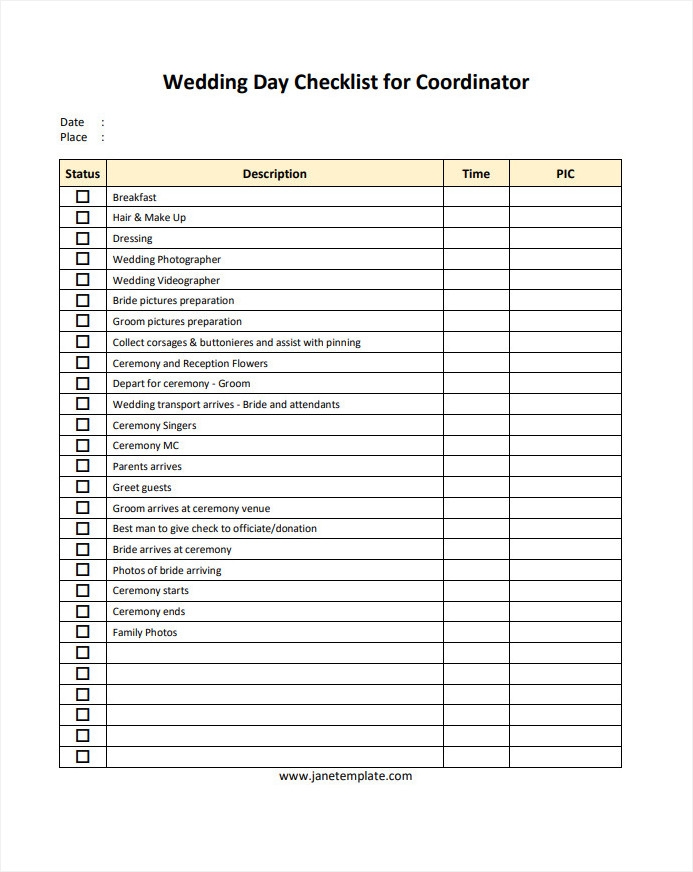 Wedding Day Checklist Template For Coordinator