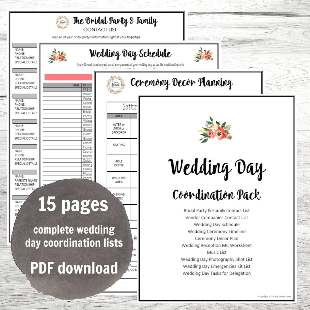 Wedding Day Coordination Worksheet Lists PDF Wedding Planning Instant Download Big Day Planning Lists Printable Pdfs Etsy