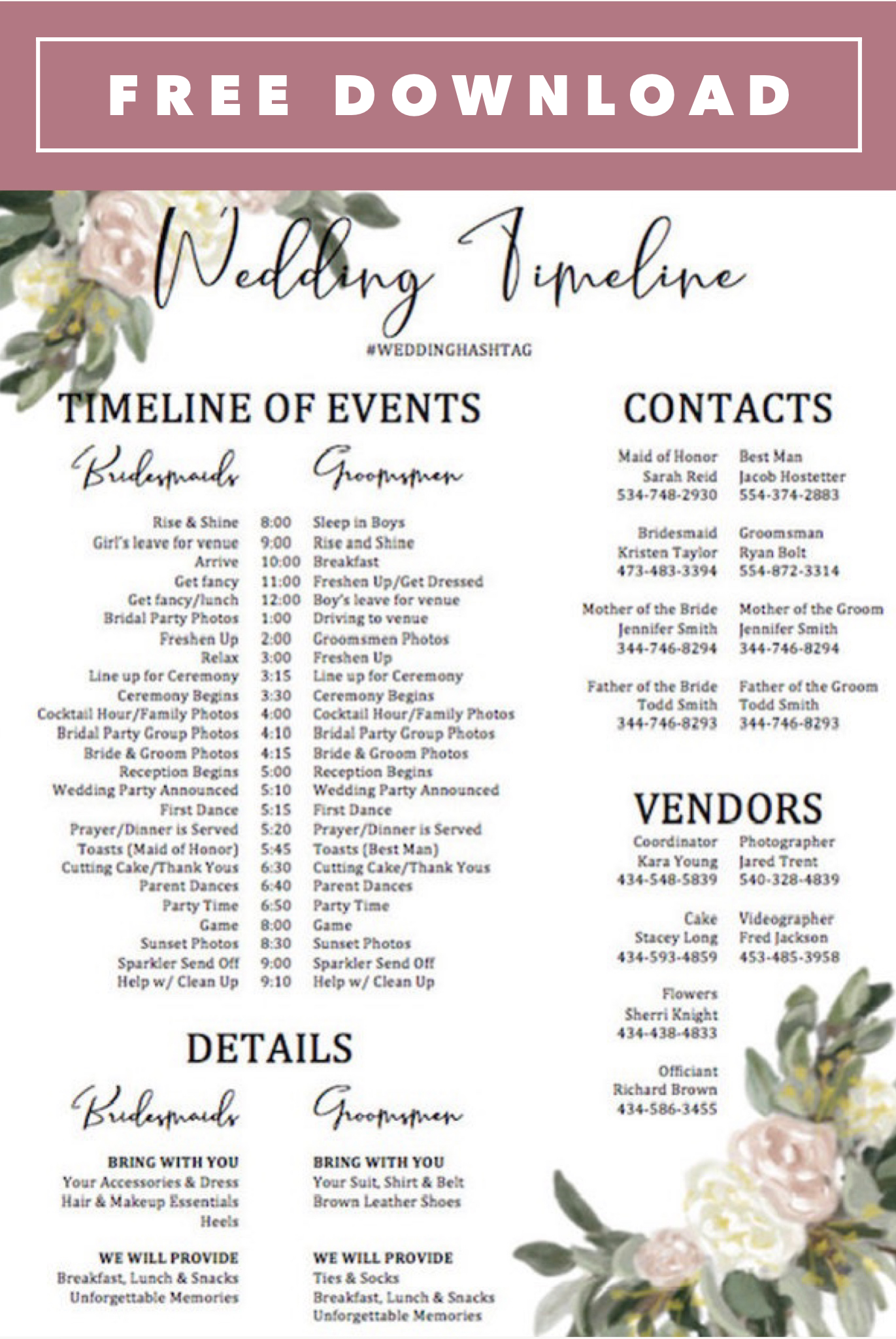 Wedding Day Timeline Checklist Free Printable Wedding