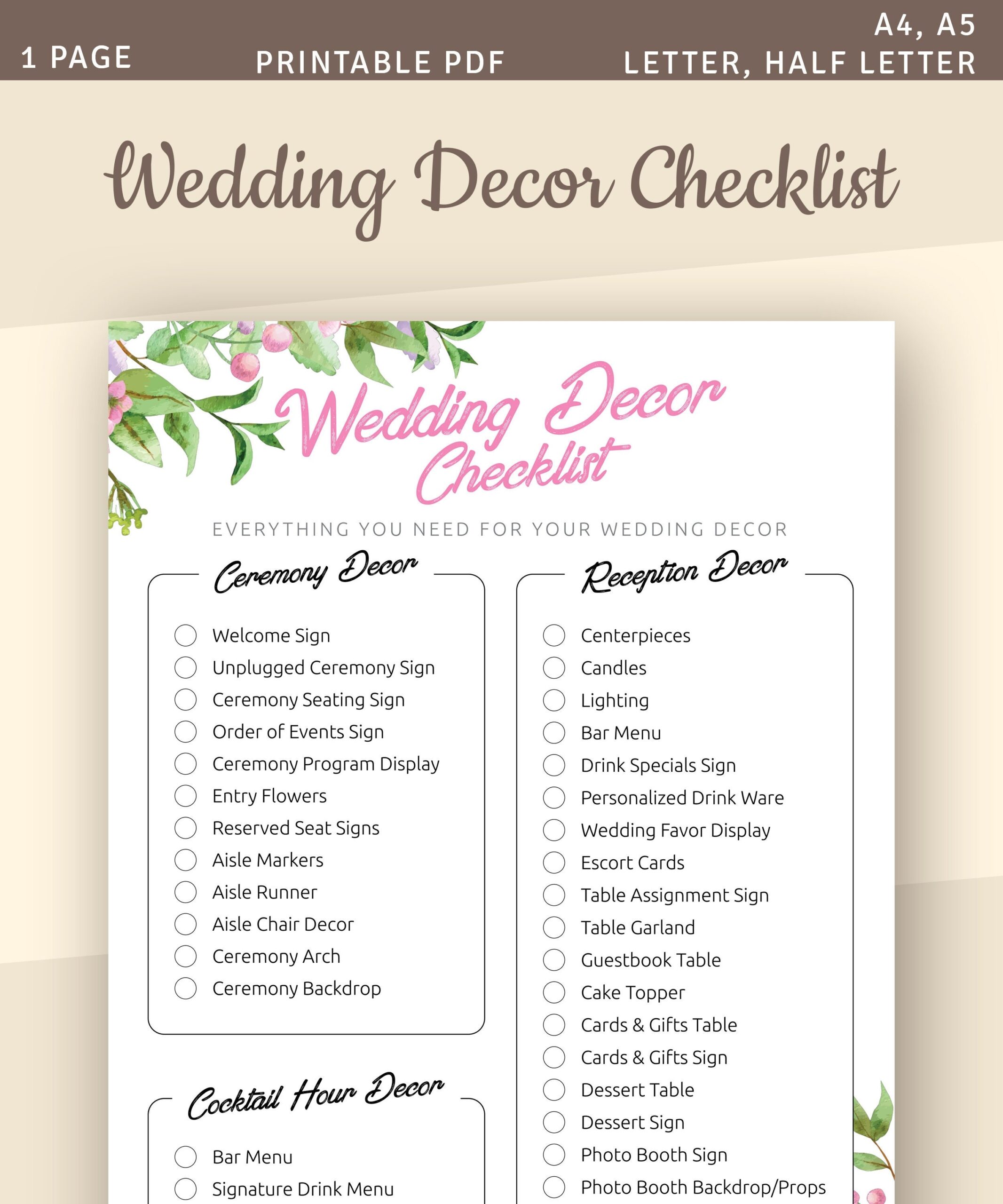 Wedding Decor Checklist Printable Template A4 A5 Letter Half Letter Instant Download Etsy