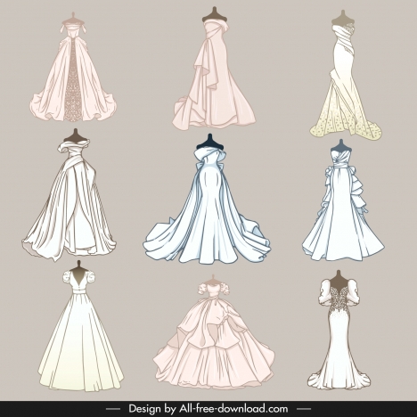 Wedding Dress Templates Collection Handdrawn Elegance Vectors Stock In 