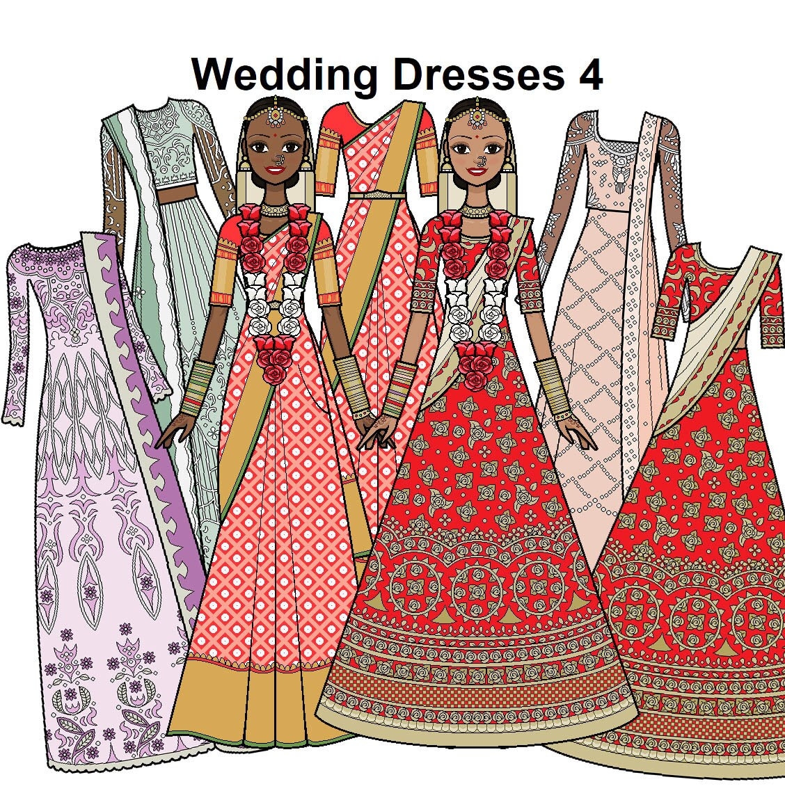 Wedding Dresses 4 Printable Paper Doll Indian india Traditional Bride Gown Flower Necklace And Bracelets Coloring Pages Etsy UK