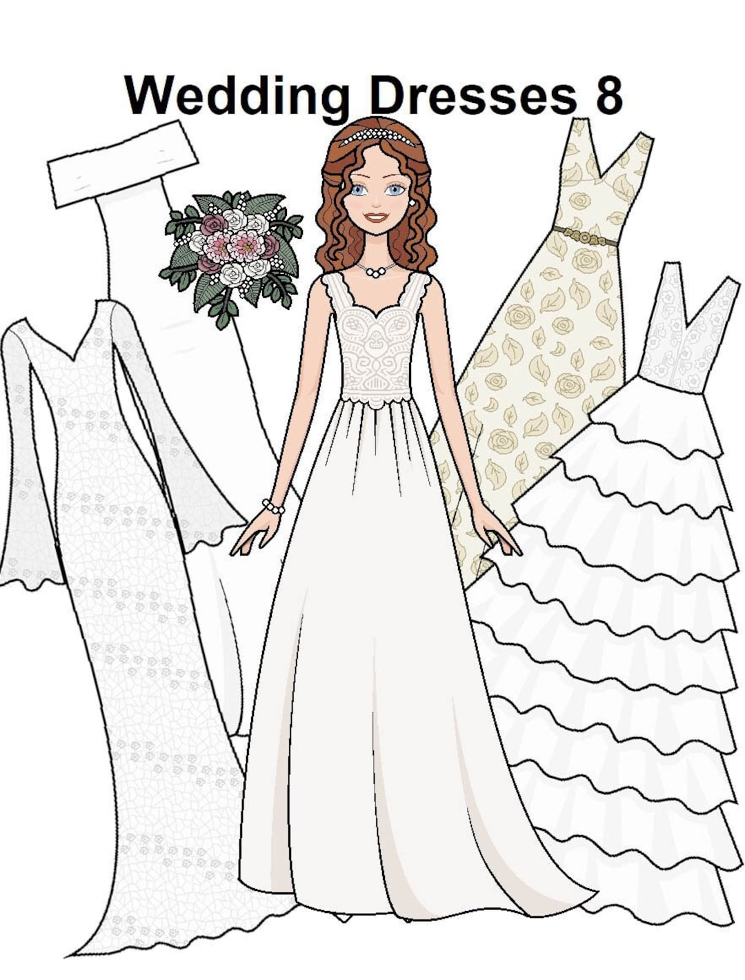 Wedding Dresses 8 Paper Doll Printable Paper Doll Red Head Bride Mermaid Gown Princess Gown Flower Bouquet Coloring Pages Etsy