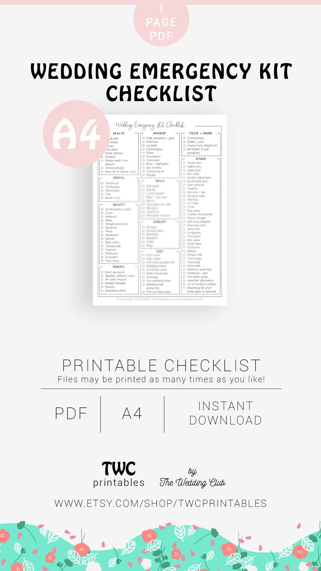 Wedding Emergency Kit Checklist Minimalist Printable Wedding Day 