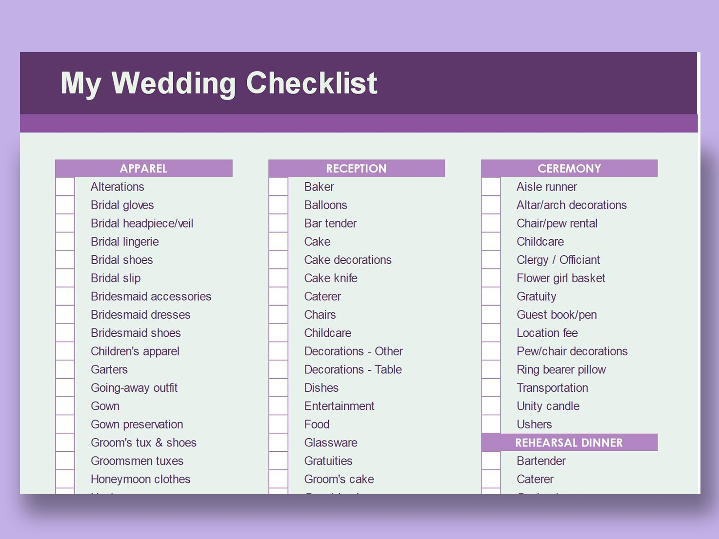 Wedding Excel Templates
