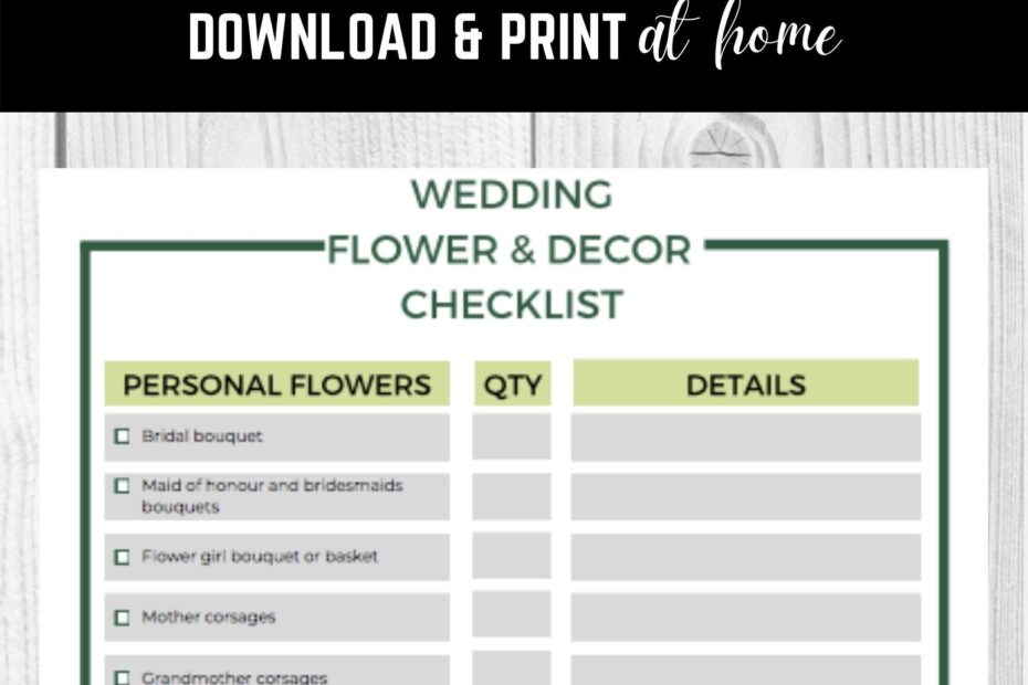 Wedding Flower U0026 Decor Checklist Green Etsy