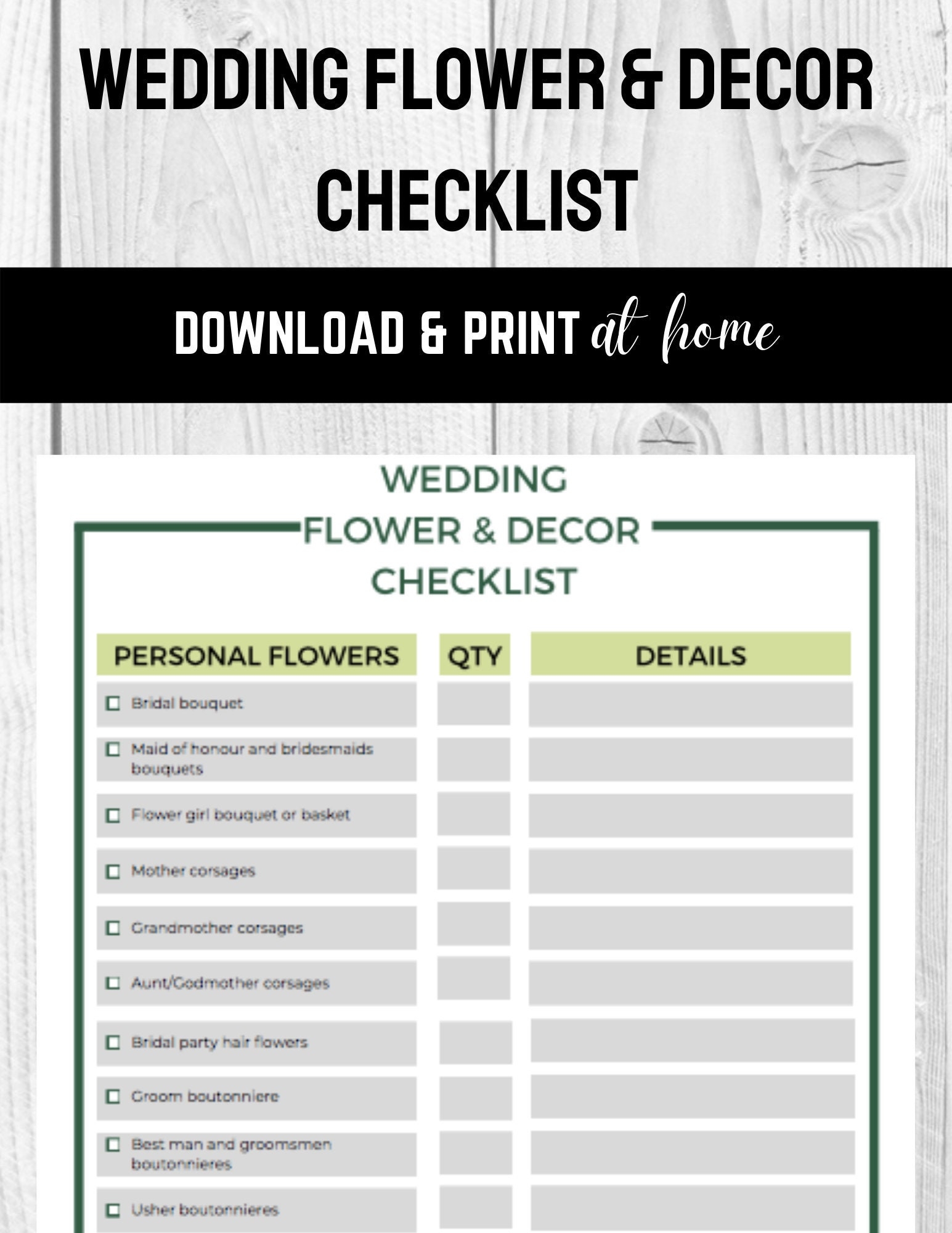 Wedding Flower U0026 Decor Checklist Green Etsy