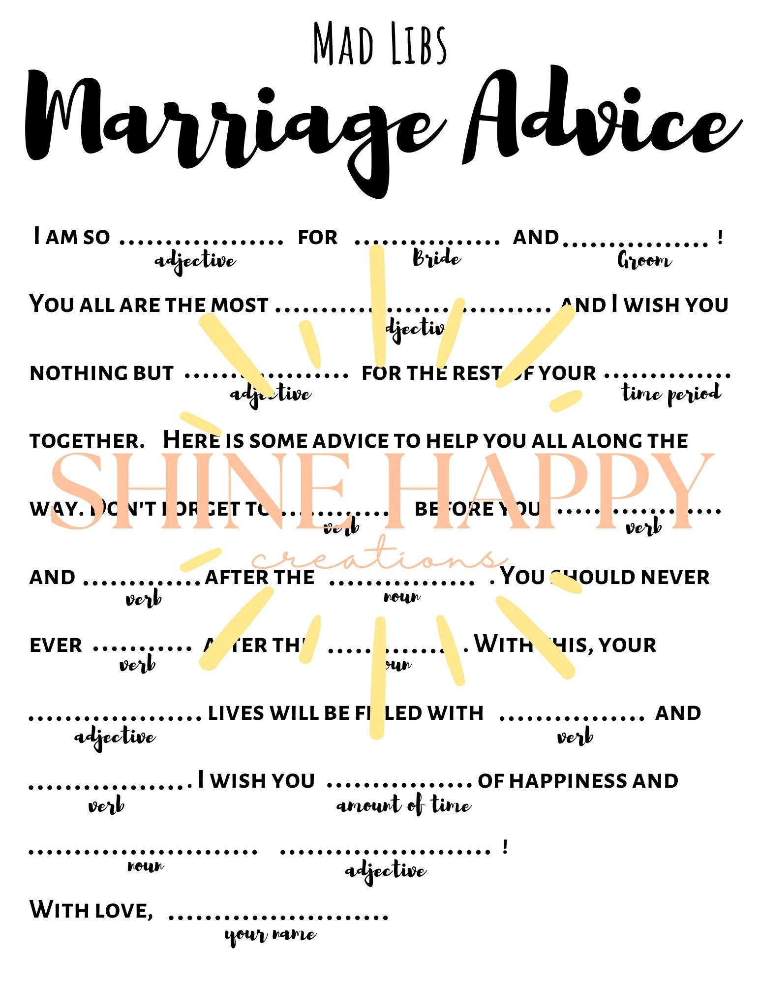 Wedding Guest Activity Mad Libs Marriage Advice Engagement Wedding DOWNLOADABLE pdf PRINTABLE