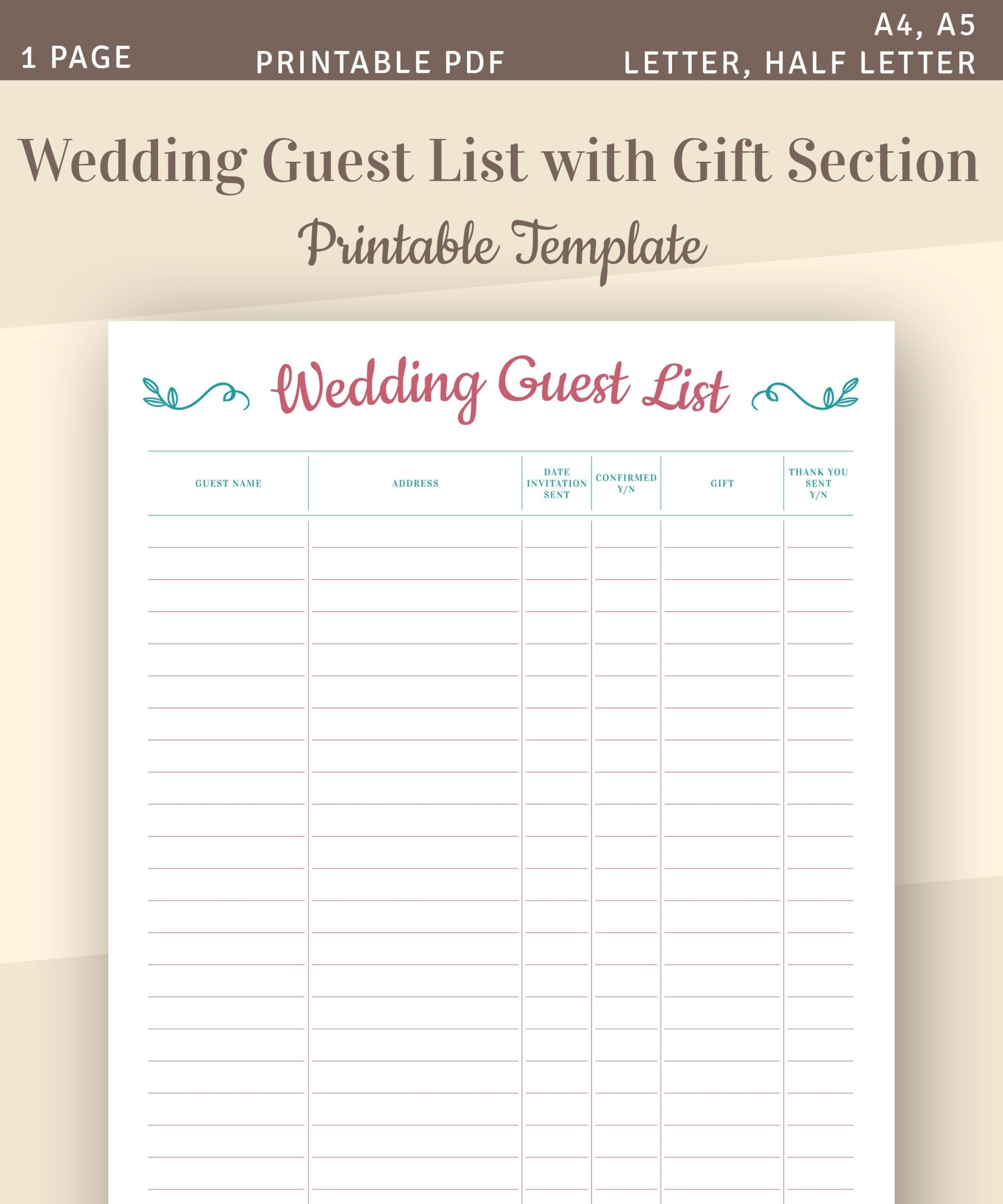 Wedding Guest List Printable Wedding Template Guest List Etsy