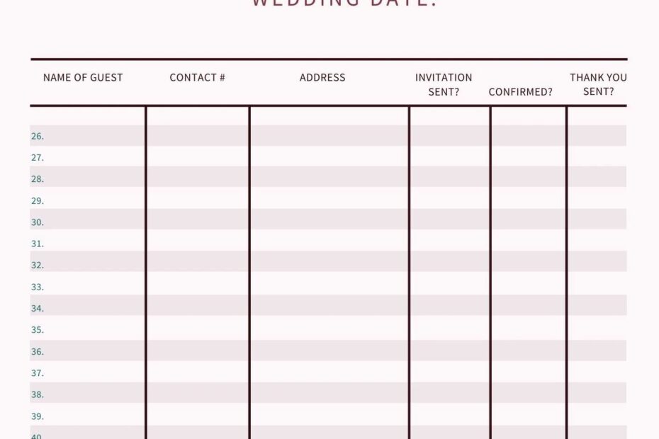 Wedding Guest List Template Printable Free Printable Wedding