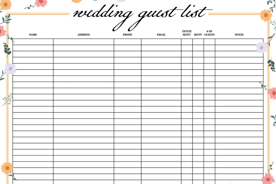 Wedding Guest List Templates 20 FREE Lists PrintaBulk
