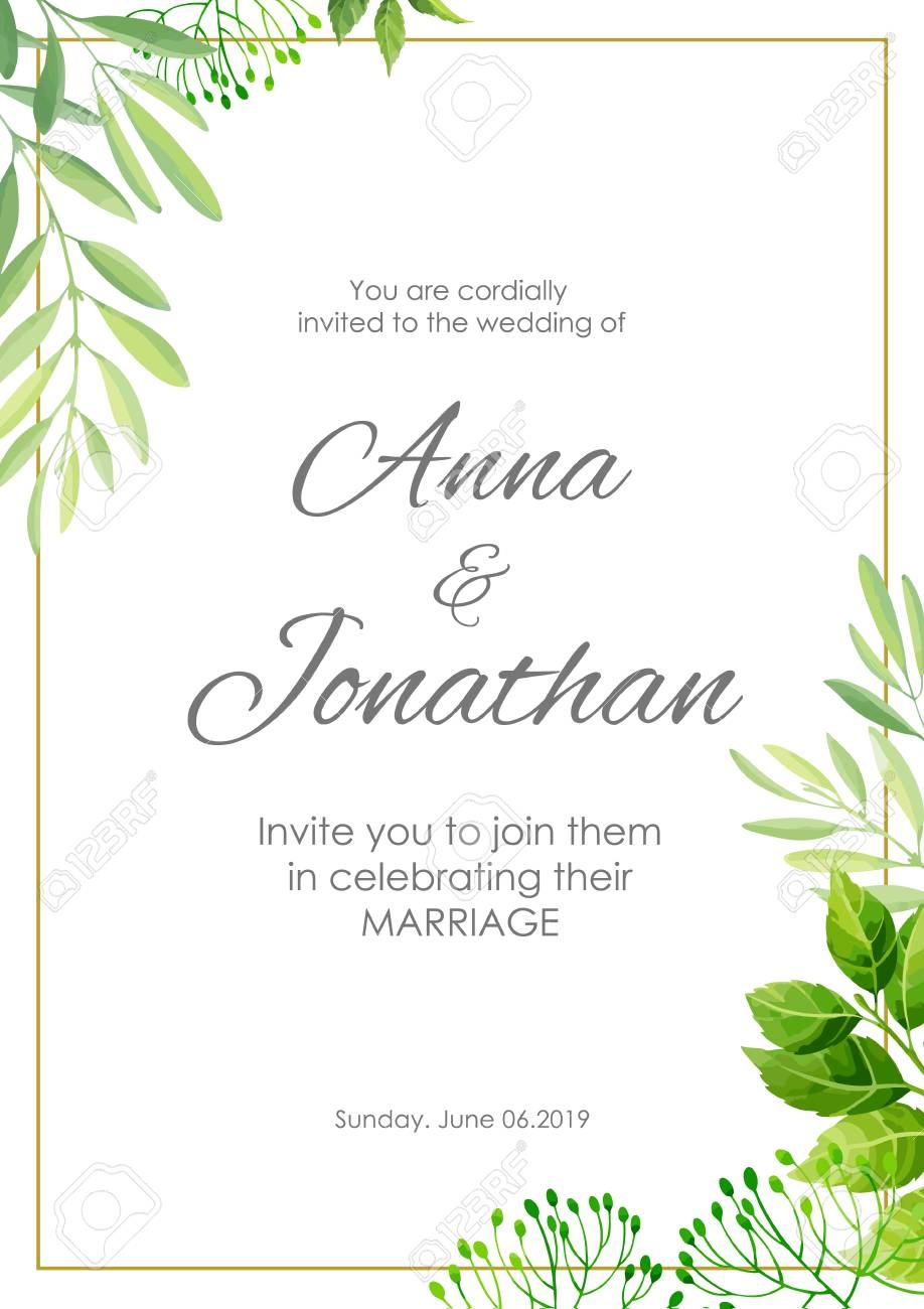 Wedding Invitation With Green Leaves Border Floral Invite Modern 